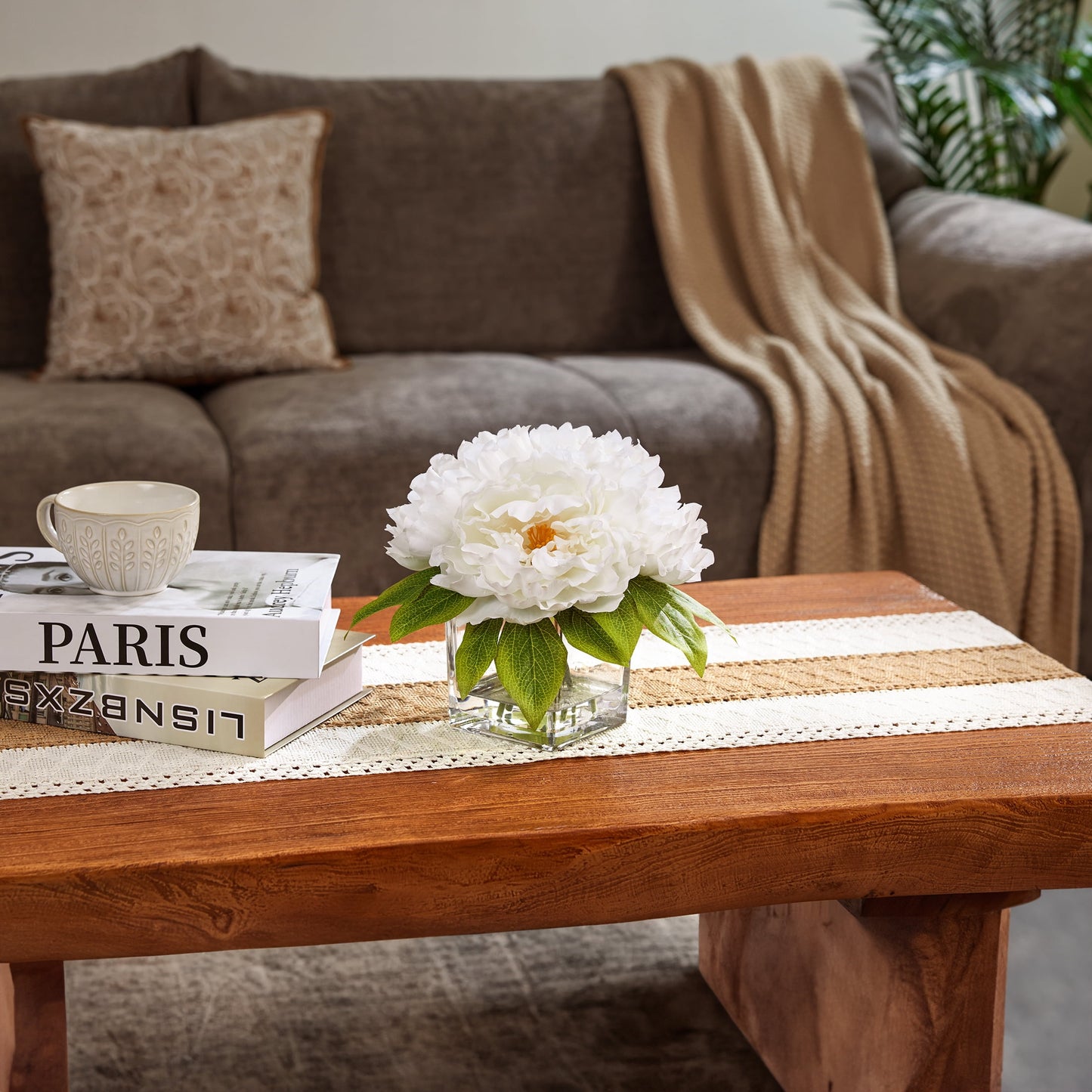 DR.Planzen 8.4in Artificial Peony Flowers, Fake Flowers with Vase, Faux Peony Flowers, White Artificial Flowers - Glass Vase Faux Water Arrangement - Table Centerpiece for Home Decor