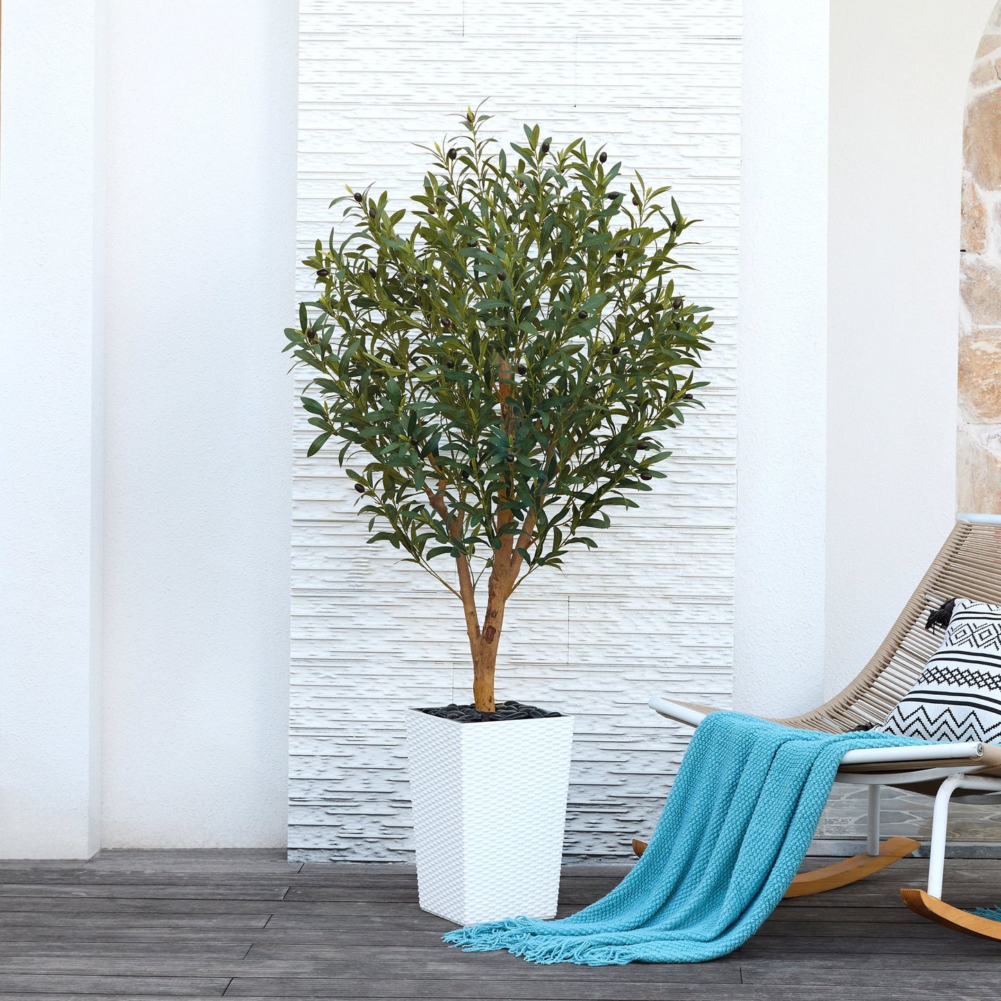 DR.Planzen UV Resistant 5ft Artificial Olive Tree with Natural Wood Branches and Realistic Silk Leaves,Faux Olive Tree for Indoor and Outdoor Decor - White Large Planter with Pebbles