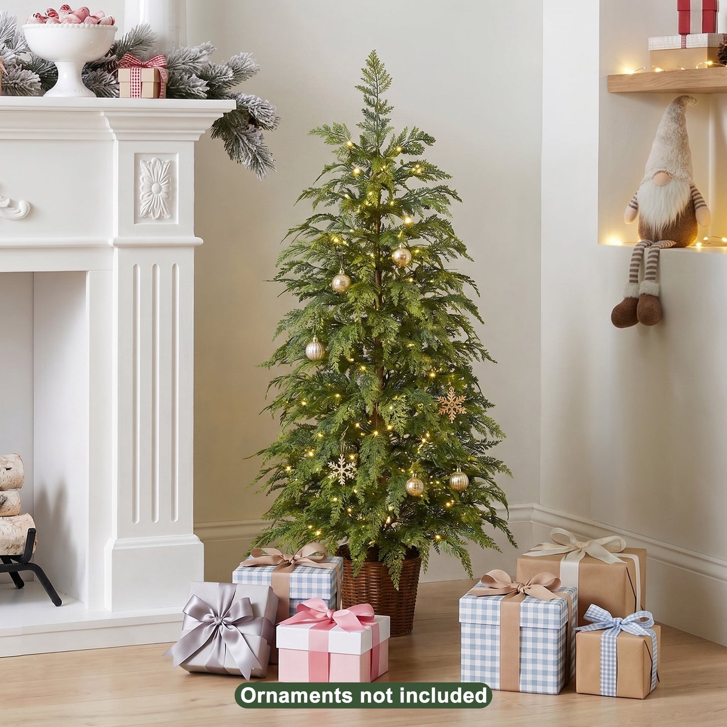DR.Planzen 4' Pre-Lit Green Cypress Artificial Christmas Potted Tree with 100 Warm White Twinkle LED Lights, Indoor Tabletop Holiday Decoration in Woven Basket Base