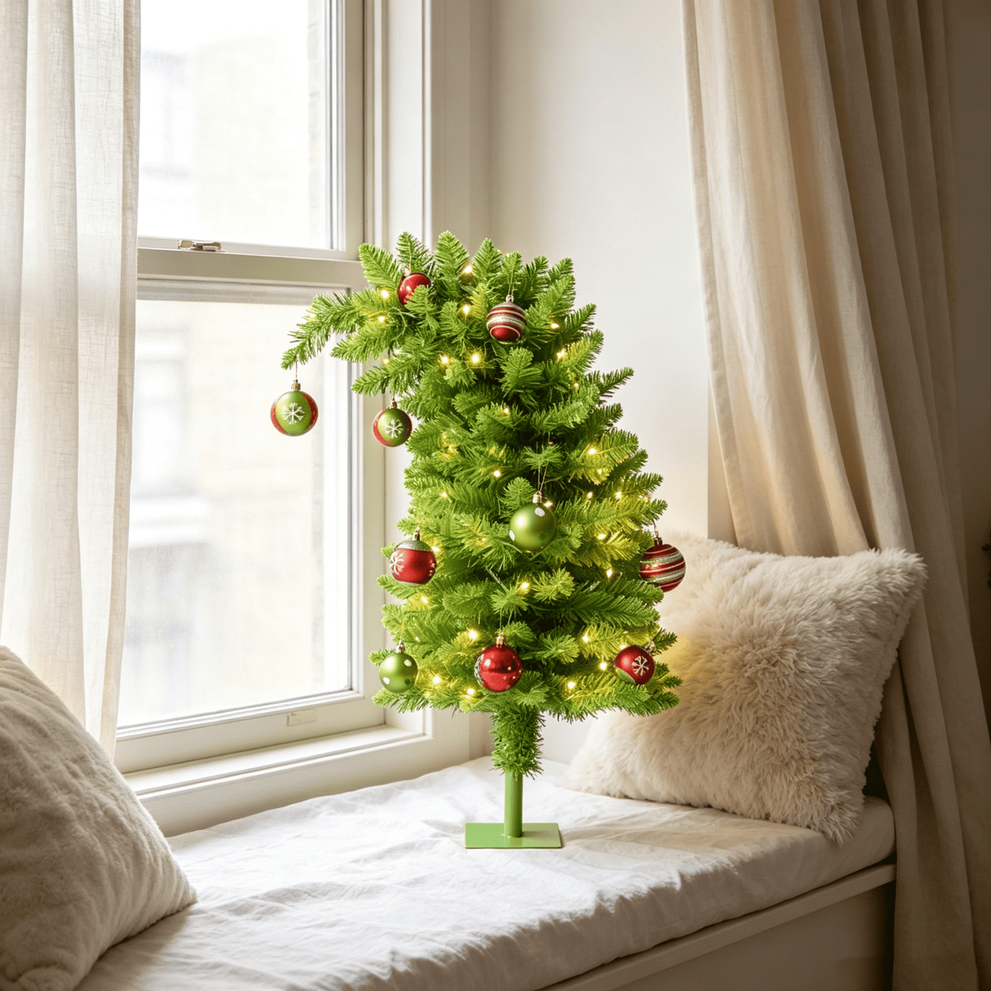 DR.Planzen 2ft Pencil Artificial Christmas Tree with Red & Green Ornaments, Pre-Decorated Slim Xmas Tree, Indoor Tabletop Holiday Decor, 1 Pack