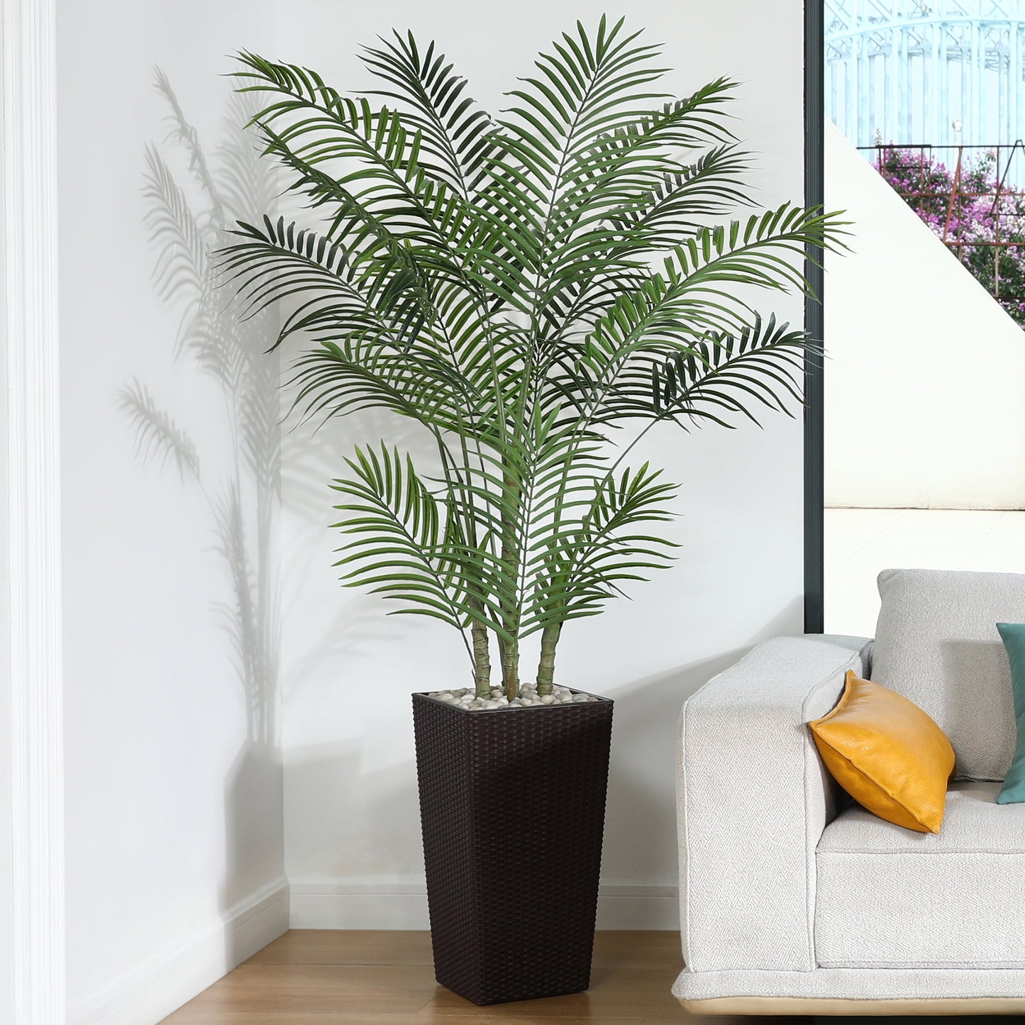 6ft UV Resistant Artificial Palm Plant with Brown Tall Planter, Pre Potted Fake Palm Plants for Indoor Outdoor Home Decor, Big Faux Plants Fake Plant for Office House Decor