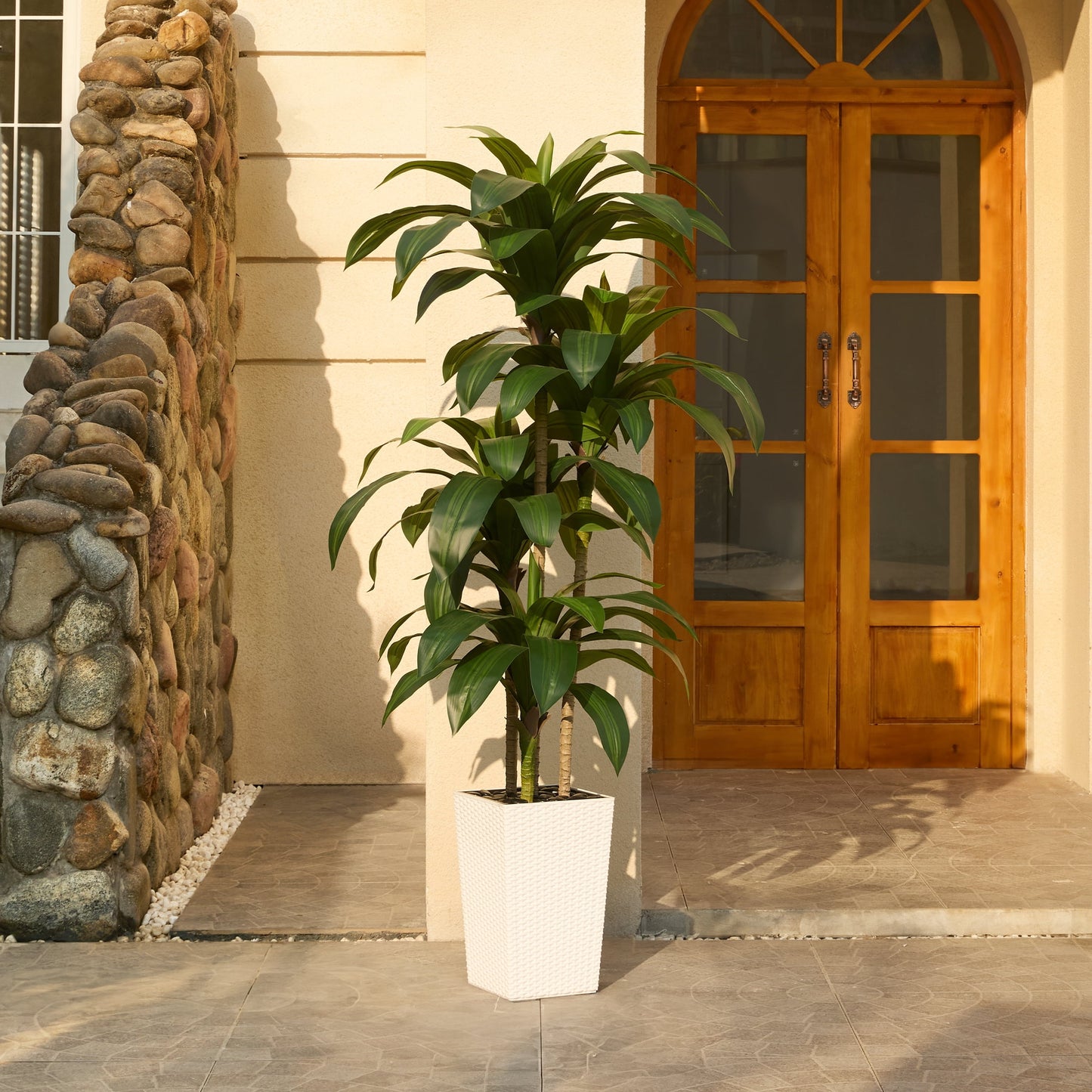 DR.Planzen Artificial Dracaena Tree 6ft - UV Protected Faux Dracaena Plant with 76 Green Leaves, Fake Tree for Indoor & Outdoor Use, Sturdy Tall Brown Planter with River Stones
