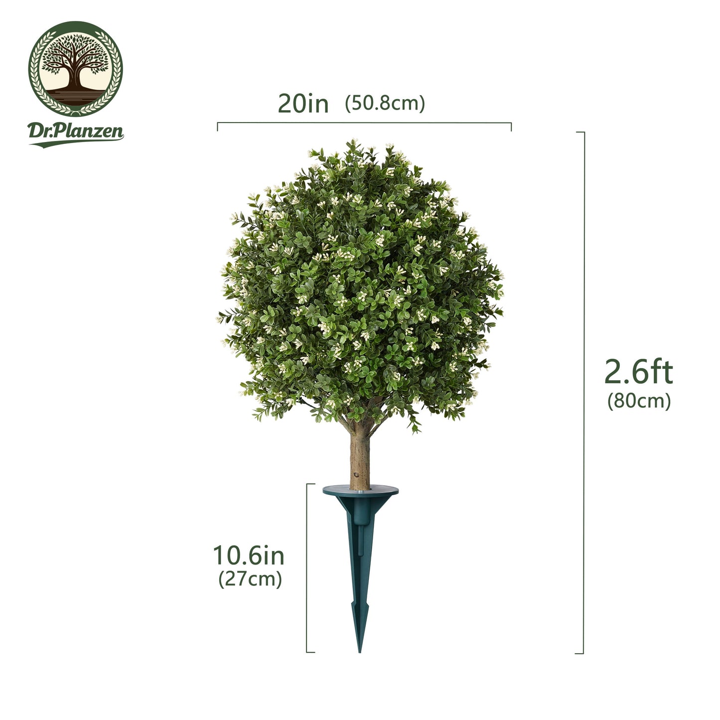 DR.Planzen 2 Pack 20'' Artificial Boxwood Topiary Ball Plant with White Flowers, Fake Flowering Shrub with Ground Spike, UV Resistant Faux Outdoor Greenery for Garden Porch Decor
