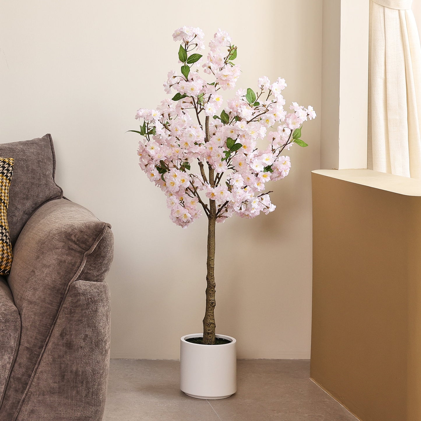 DR.Planzen 4.5ft Artificial Cherry Blossom Tree with White Planter, Tall Faux Flower Tree, Artificial Plants for Home Office Decor