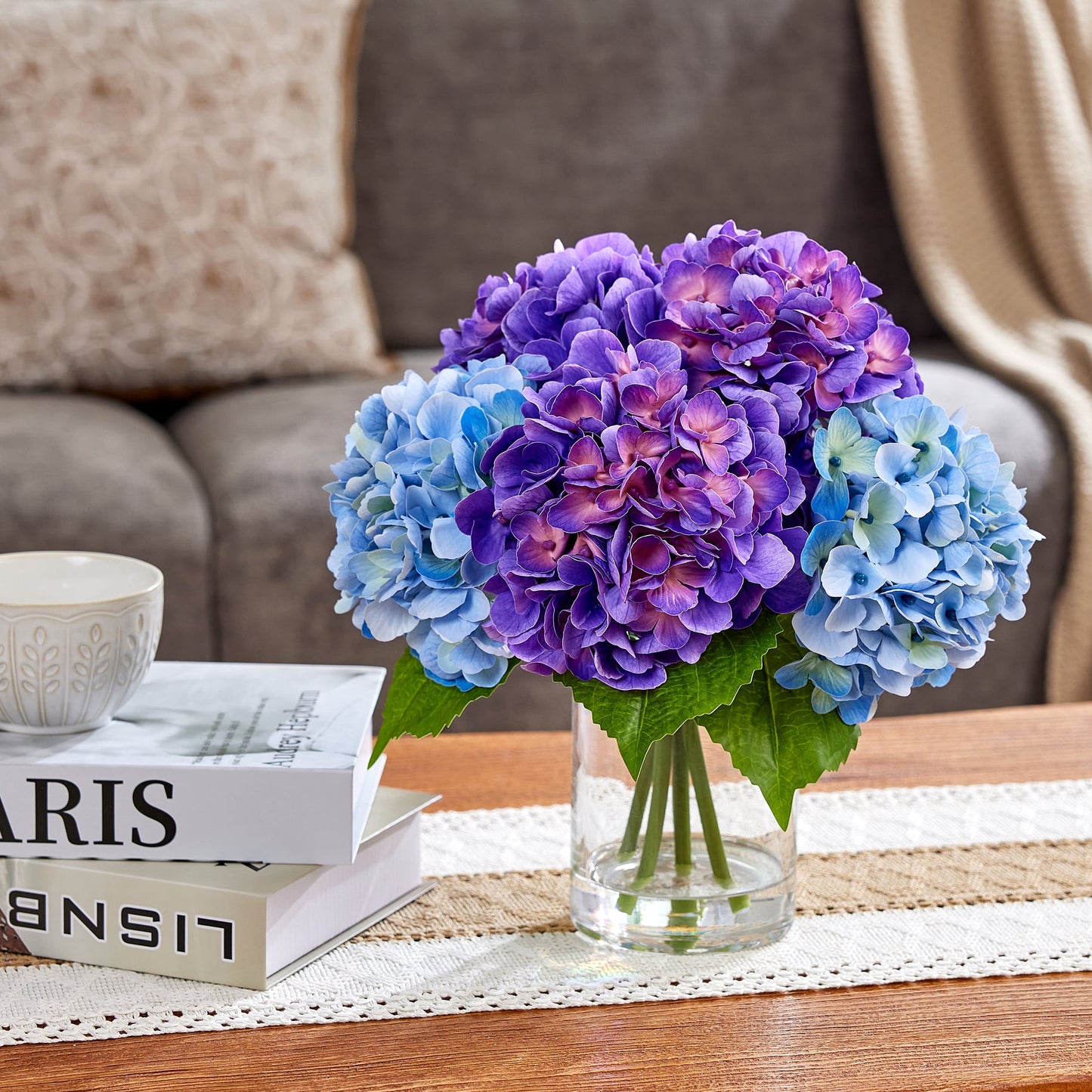 DR.Planzen 13in Artificial Hydrangea Flowers with Vase - Purple and Blue Faux Hydrangea Flowers, Clear Glass Vase with Faux Water, Table Centerpiece for Home Decor, Office, Wedding Party