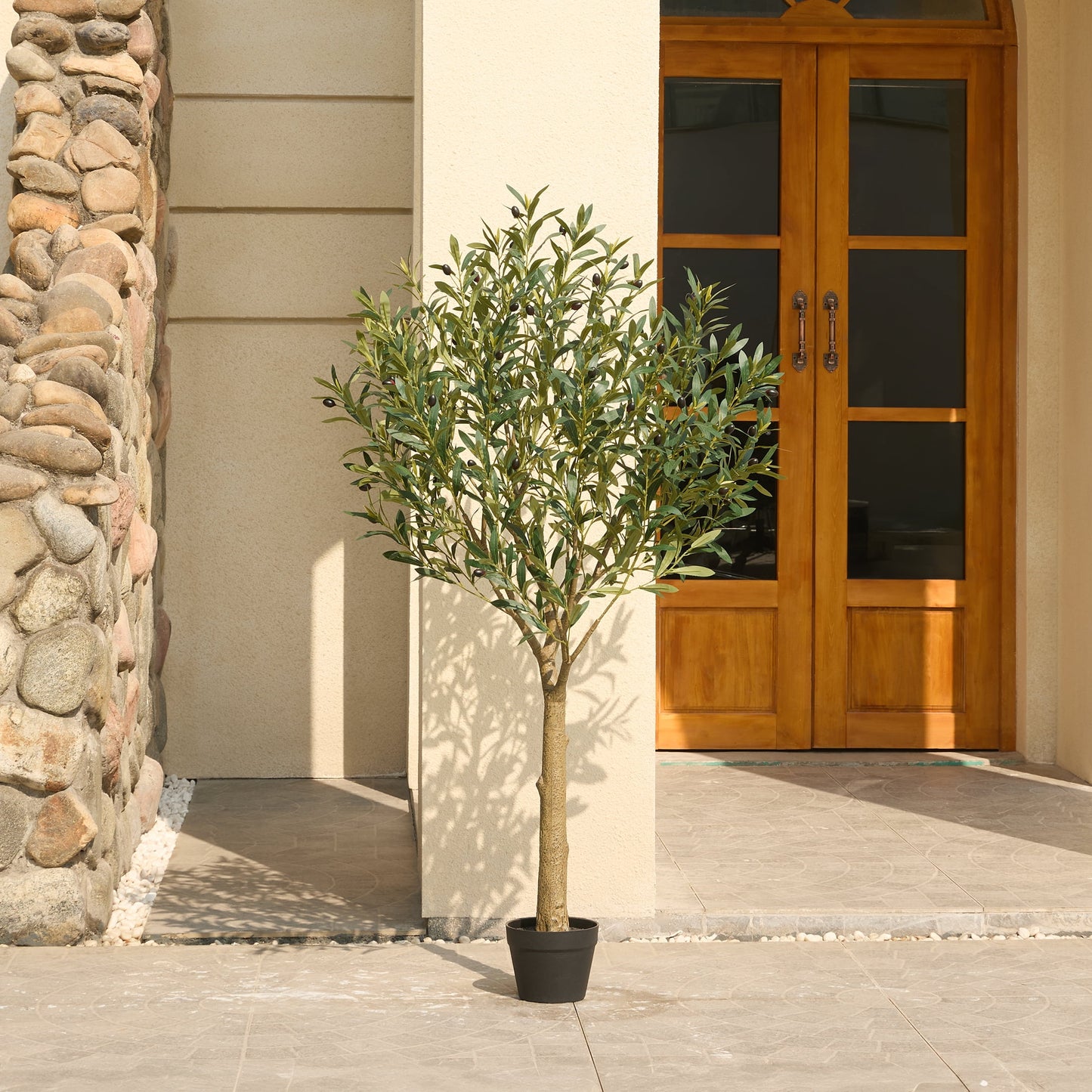 DR.Planzen 5ft Dense Artificial Olive Tree - Faux Olive Plant for Indoor & Outdoor Decor - Adjustable Branches - UV Resistant Realistic Olive Tree with Black Plastic Pot