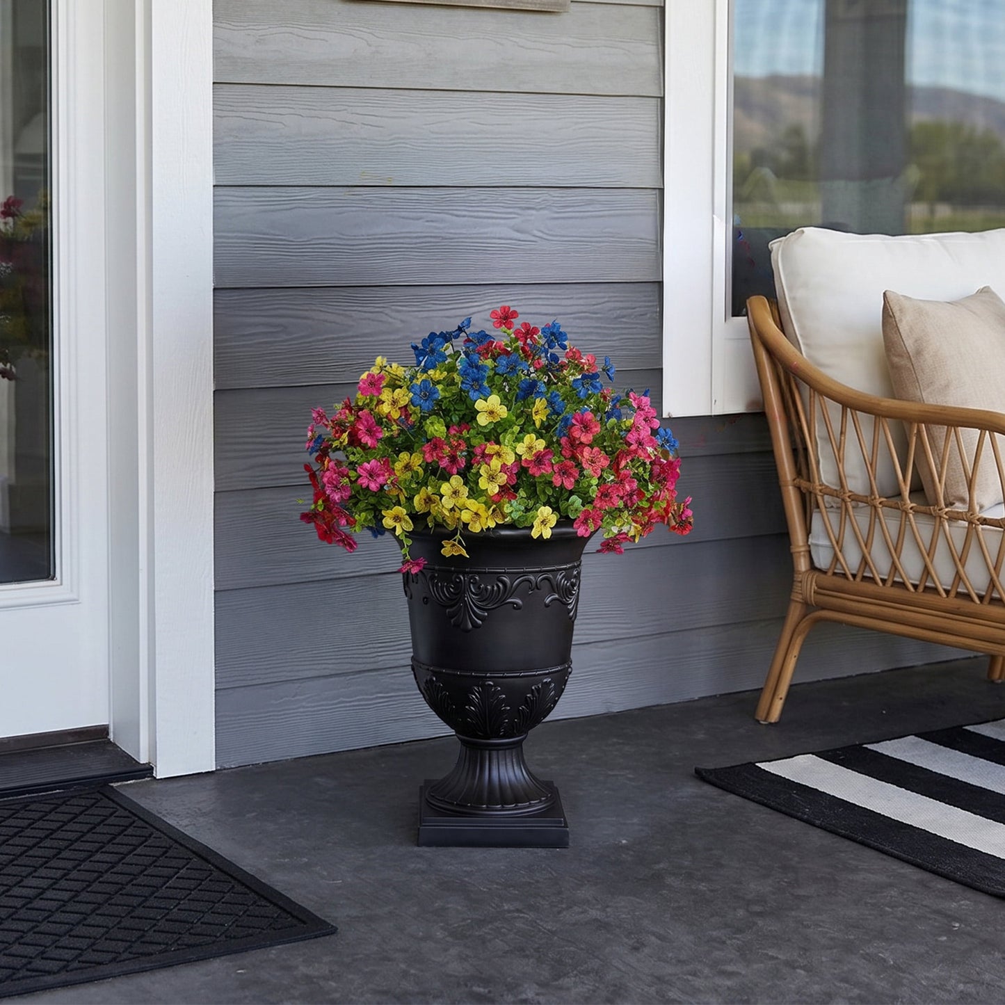 DR.Planzen Artificial Lobelia in Charming Urn Planter Set, 23.6 Inch Tall Lifelike Faux Flowers, Pre-Potted with Tray for Indoor Home and Patio Decor, 1 Piece