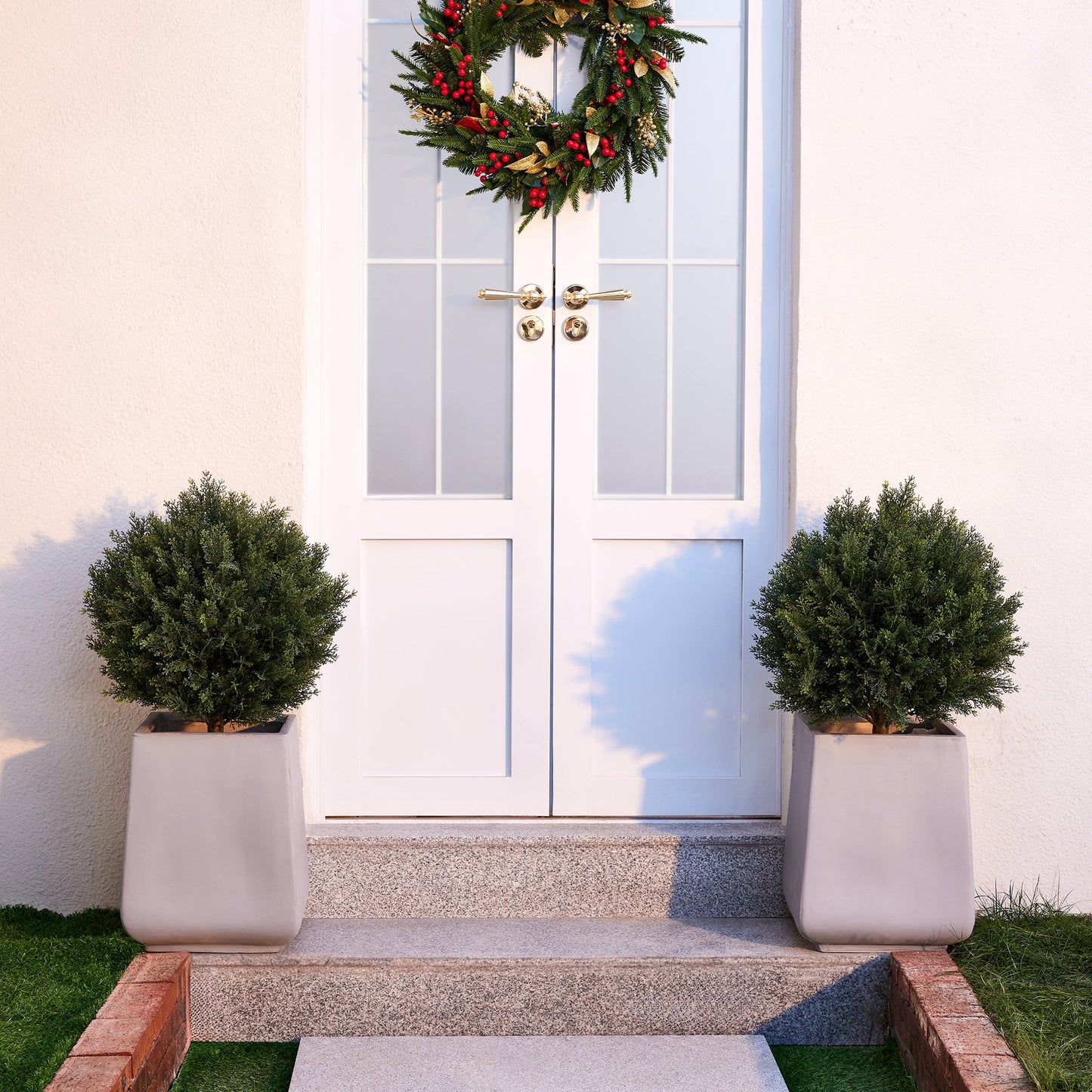 DR.Planzen Artificial 20 in Topiary Ball Trees, UV Resistant Faux Cedar Plants, Faux Cypress Evergreen Shrub Bush with 10.6in Twist-On Stake - For Front Porch Patio Garden Yard Decor Outdoor Use