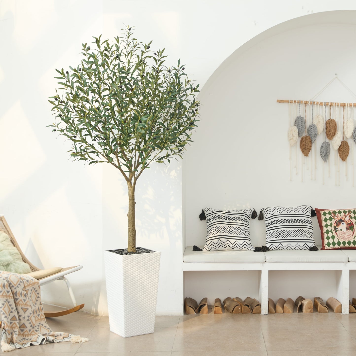 DR.Planzen UV Resistant 7ft Artificial Olive Tree in White Large Planter with Pebbles¨C Faux Olive Tree for Indoor and Outdoor Decor, Lifelike Greenery for Home & Garden Decor