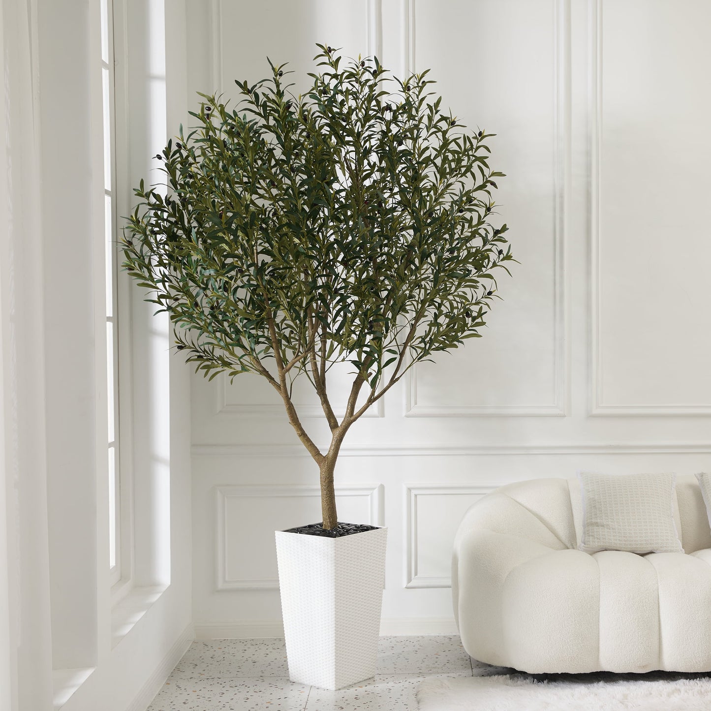 DR.Planzen UV Resistant 8ft Artificial Olive Tree in White Large Planter with Pebbles¨C Faux Olive Tree for Indoor and Outdoor Decor, Lifelike Greenery for Home & Garden Decor