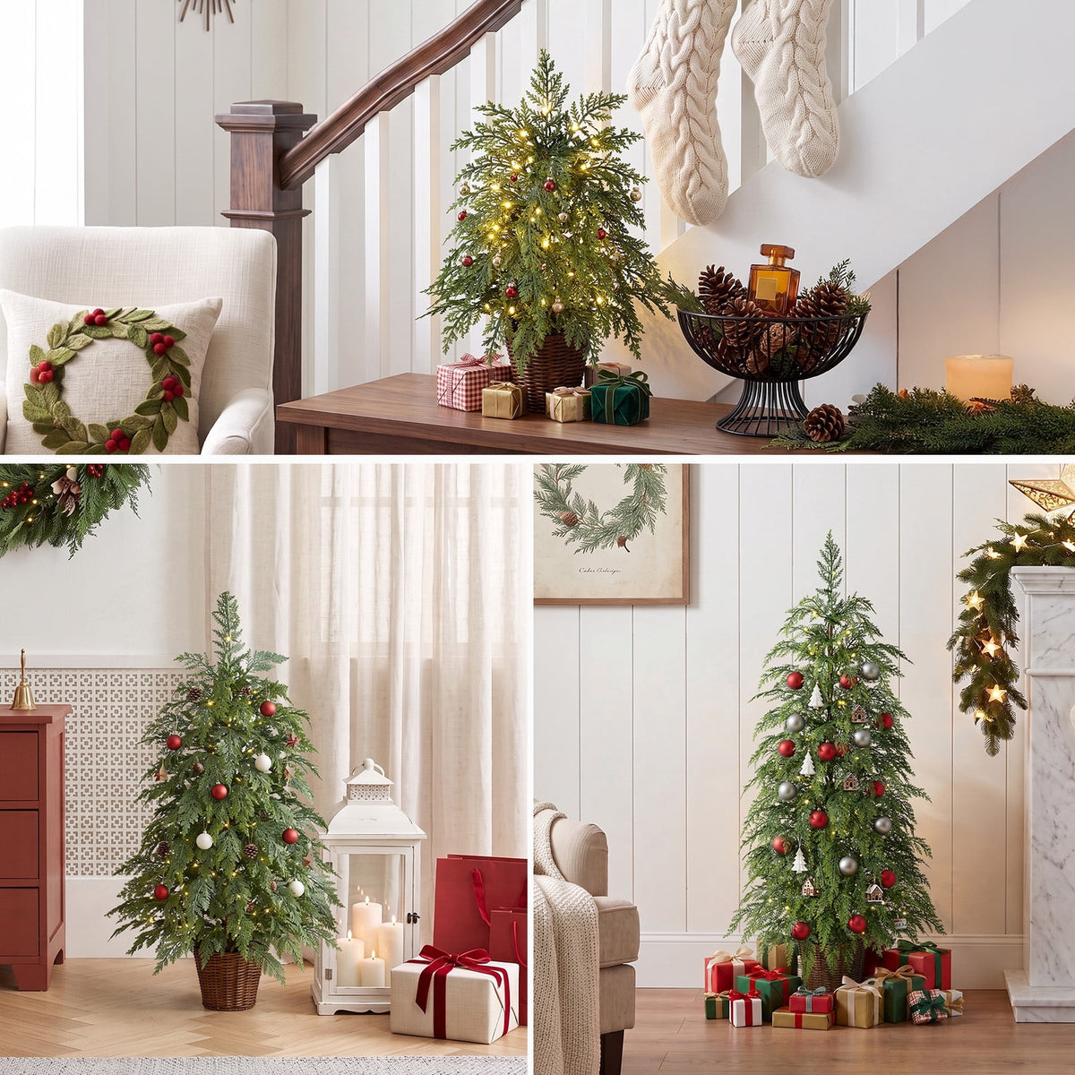 DR.Planzen 24/36/48 Inch Pre-Lit Cypress Topiary Set, 3 Pack Artificial Xmas Trees with Woven Baskets & Breathing LEDs, Indoor Home Decor