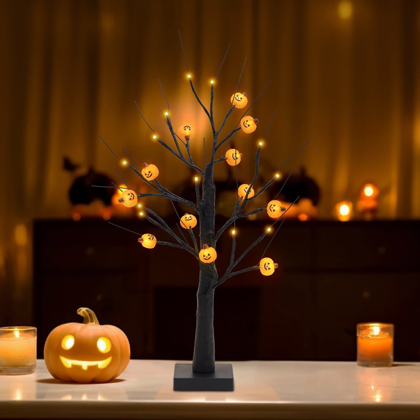 2FT Light-Up Tree with 12 Glowing Pumpkin Ornaments - Black Tabletop Decor, Battery/USB Powered LED Display for Indoor Festive Parties