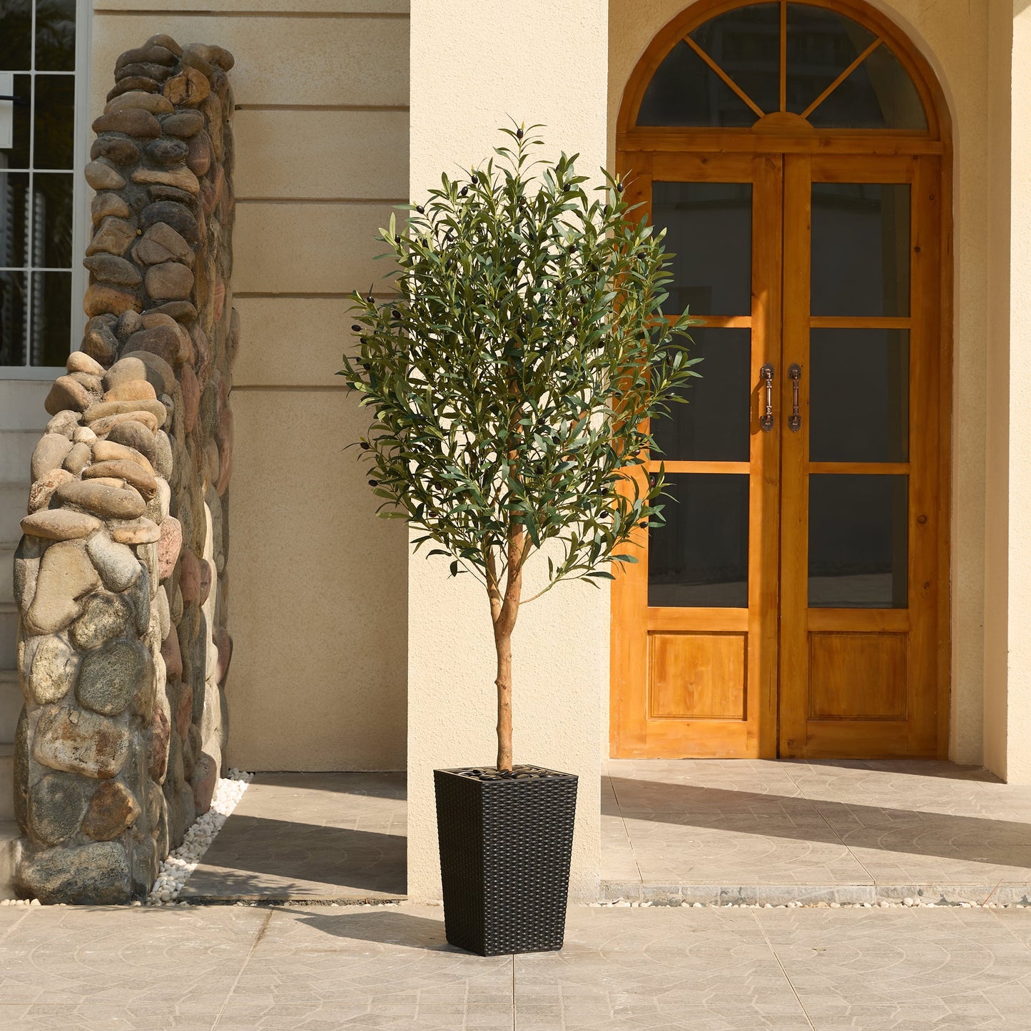 DR.Planzen UV Resistant 6ft Artificial Olive Tree with Natural Wood Branches and Realistic Silk Leaves,Faux Olive Tree for Indoor and Outdoor Decor - Black Large Planter with Pebbles