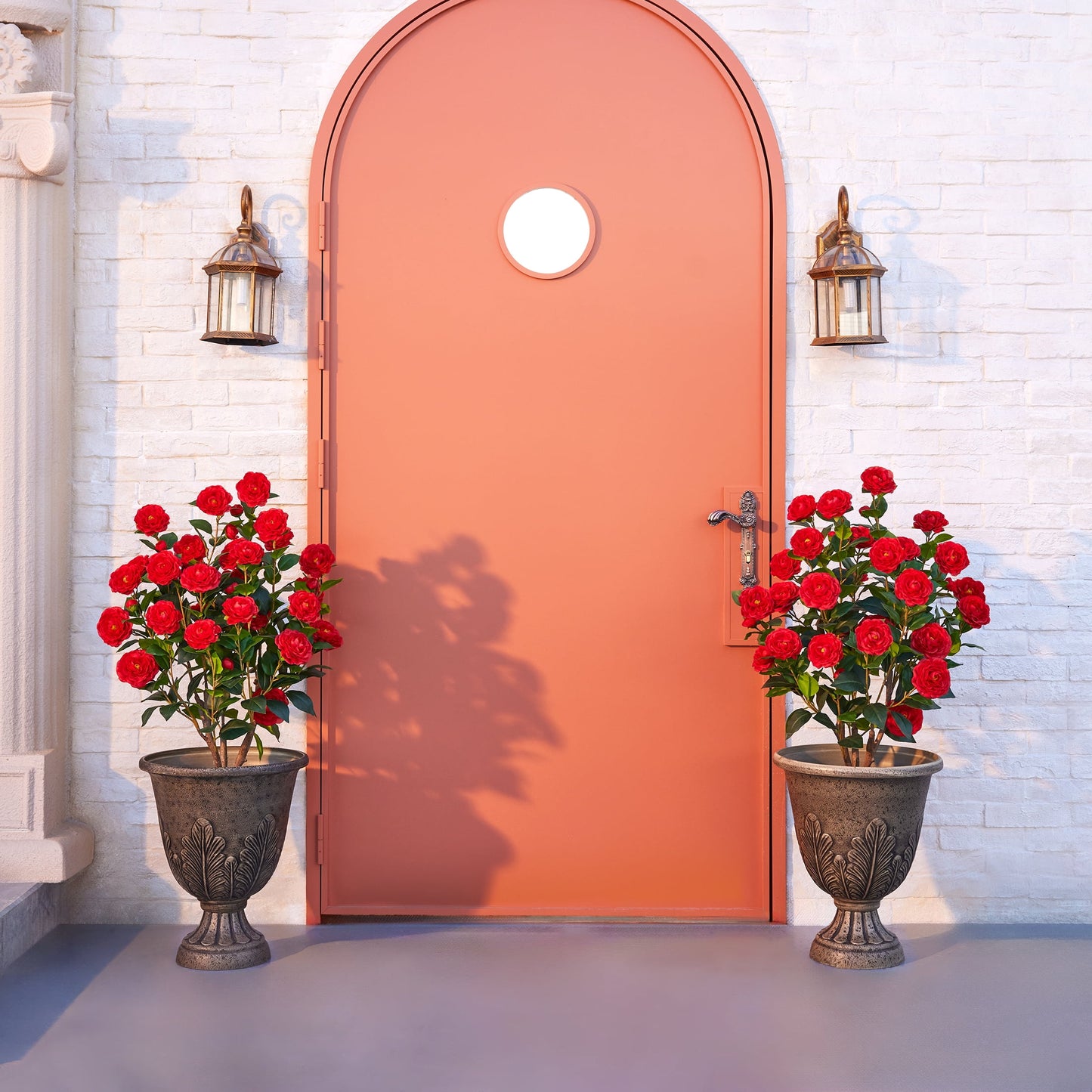 2 Pack Artificial Camellia Tree 3FT in Pot ¨C 27 Blooming Red Flowers & 252 Leaves UV Resistant Faux Camellia Plant for Indoor Outdoor Decor, Front Door Porch Patio Living Room Office