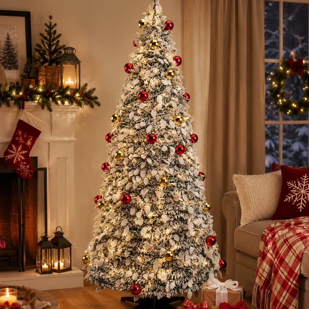 6 ft Flocked Christmas Tree with Lights - Artificial Christmas Tree, Foldable Snow Christmas Tree, Prelit Xmas Tree with Ornaments and Plastic Stand for Indoor Holiday Decorations