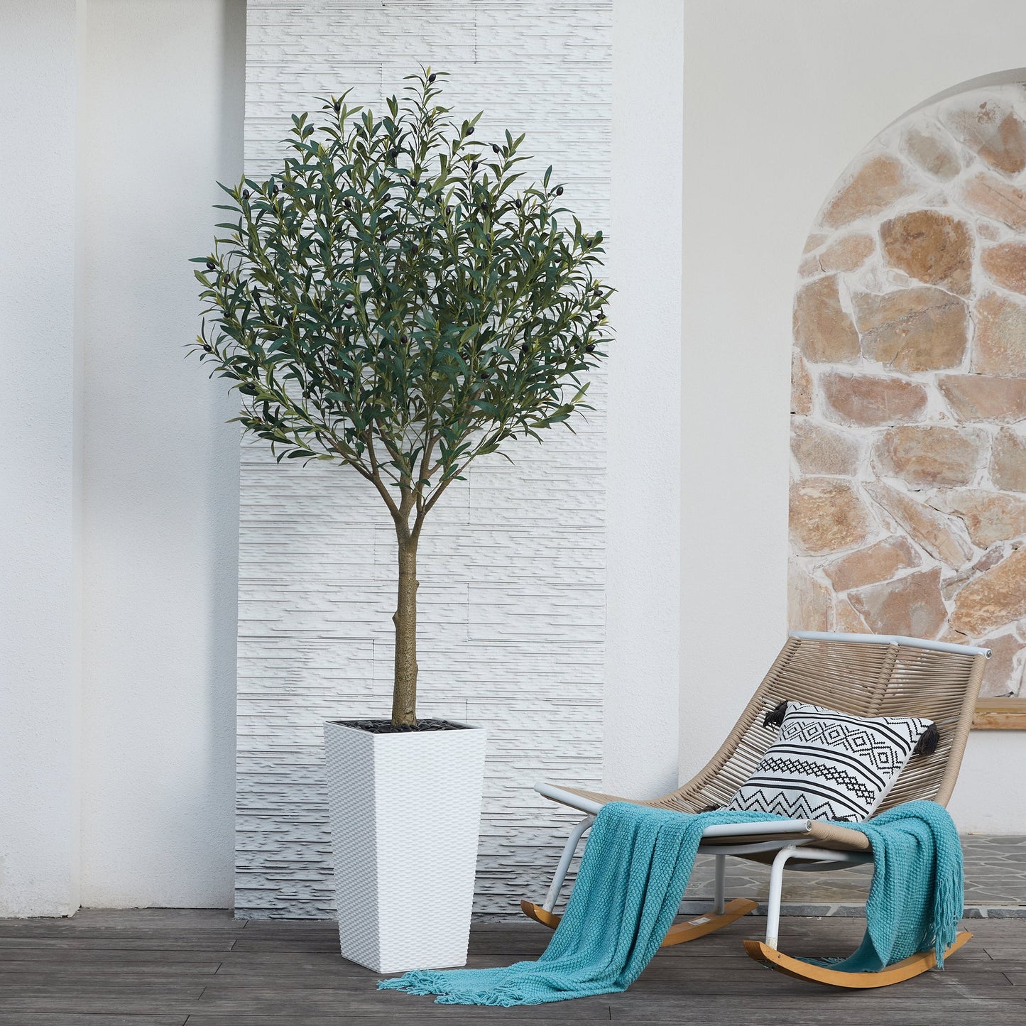 DR.Planzen UV Resistant 7ft Artificial Olive Tree in White Large Planter with Pebbles¨C Faux Olive Tree for Indoor and Outdoor Decor, Lifelike Greenery for Home & Garden Decor