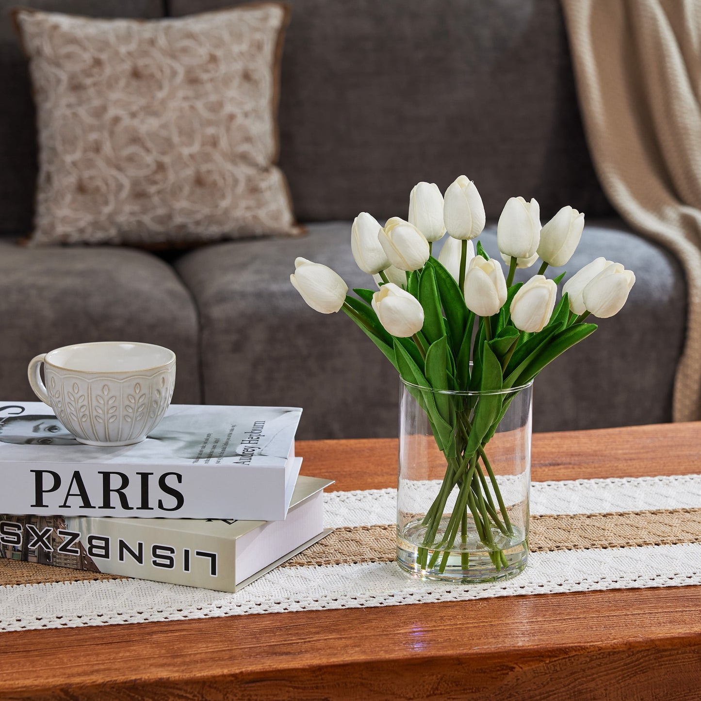 12in Artificial White Tulips Fake Flowers in Vase Real Touch Tulips ¨C Faux Tulips Bouquet with Glass Vase & Faux Water, Tulips Centerpiece for Spring Home Decor Dining Table Wedding Mothers Day