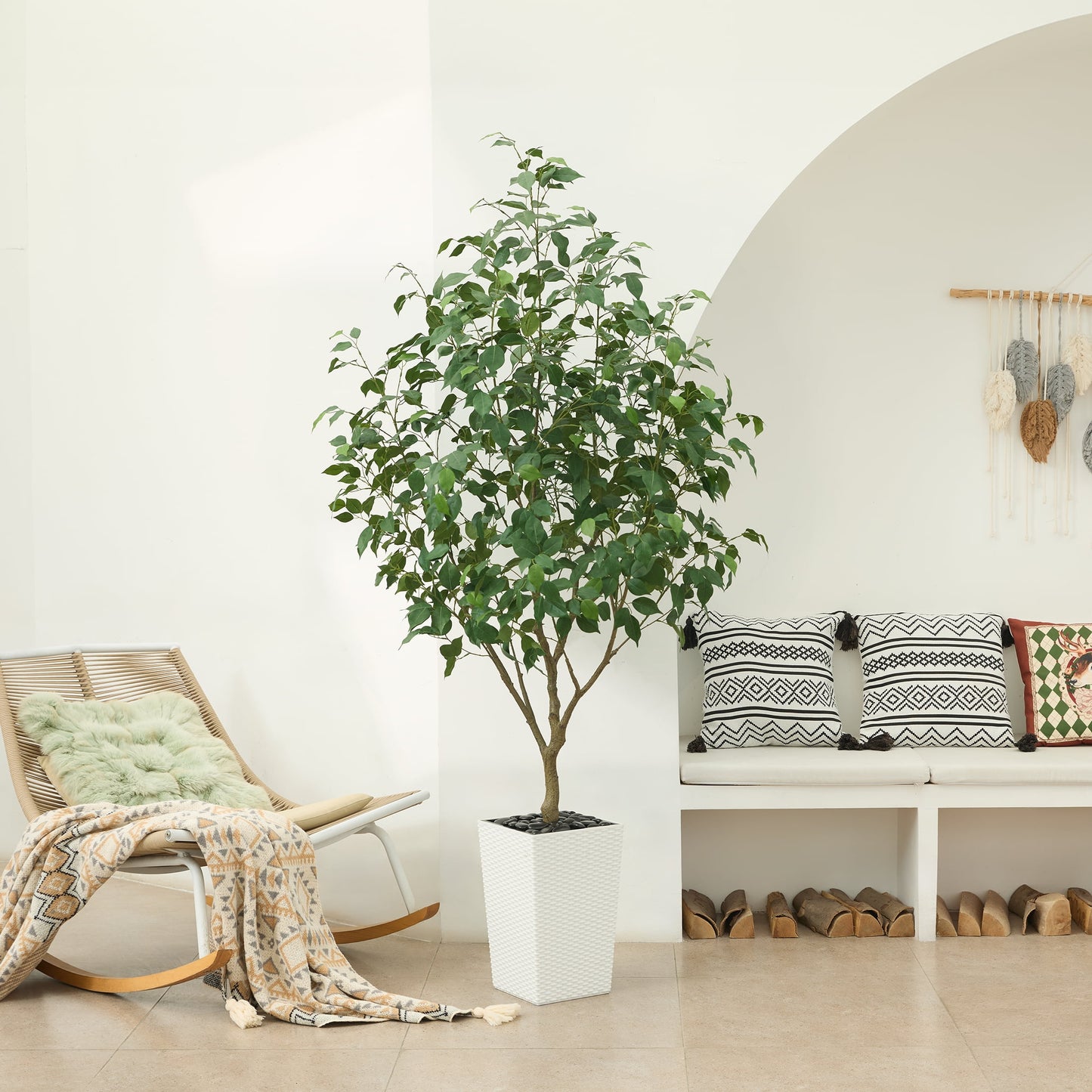 DR.Planzen Artificial Ficus Tree 6ft - UV Protected Faux Ficus Plant with Adjustable Branches and Realistic Green Leaves for Indoor & Outdoor Decor, White Large Planter with River Rocks