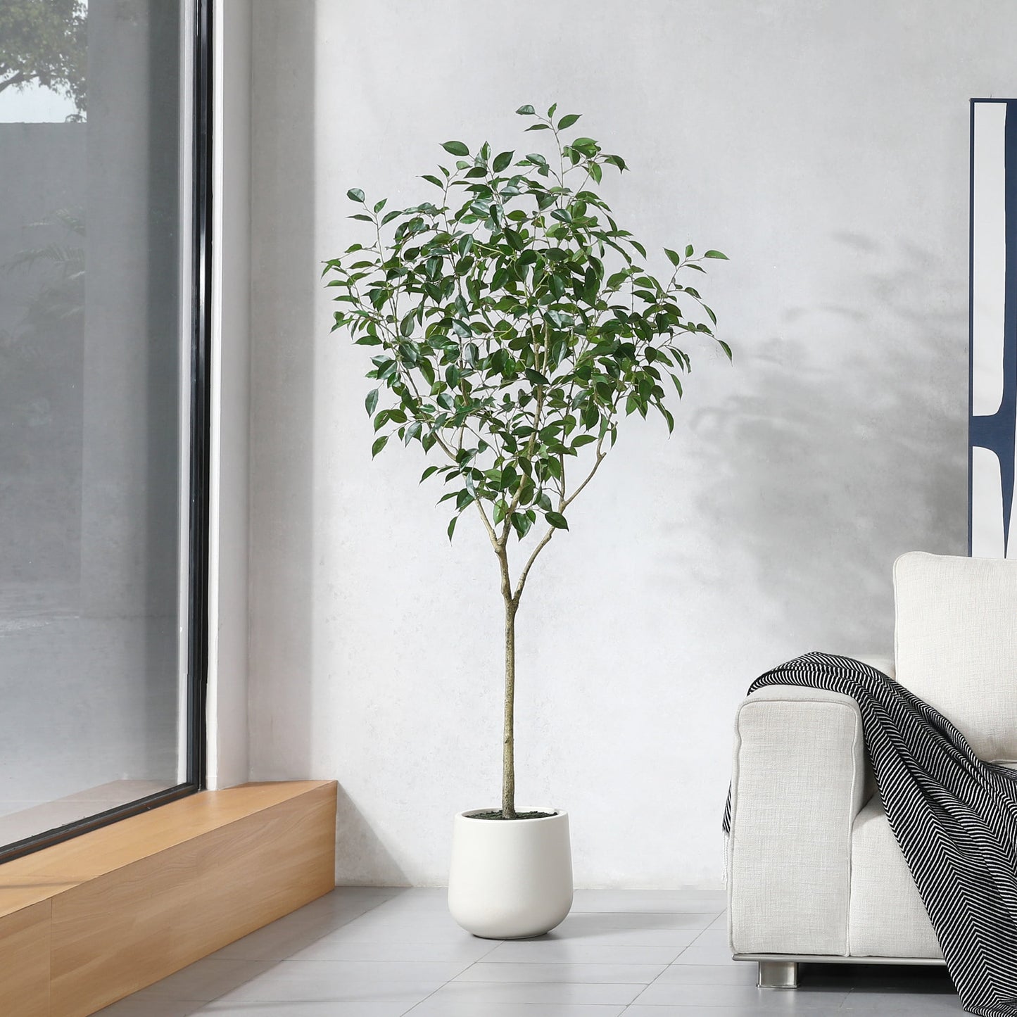 DR.Planzen 6ft Fake Ficus Tree with Oval White Planter, Pre Potted Faux Greenry Plant for Home Decor Office House Living Room Indoor Outdoor, Big Fake Plants Fake House Plants