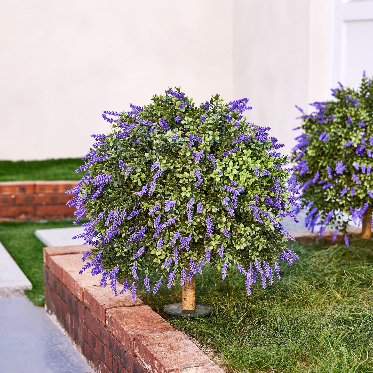 DR.Planzen 20'' Artificial Lavender Boxwood Topiary Ball Plant, Fake Scented Flowering Shrub with Ground Spike, UV Resistant Faux Outdoor Decor for Garden Porch Patio