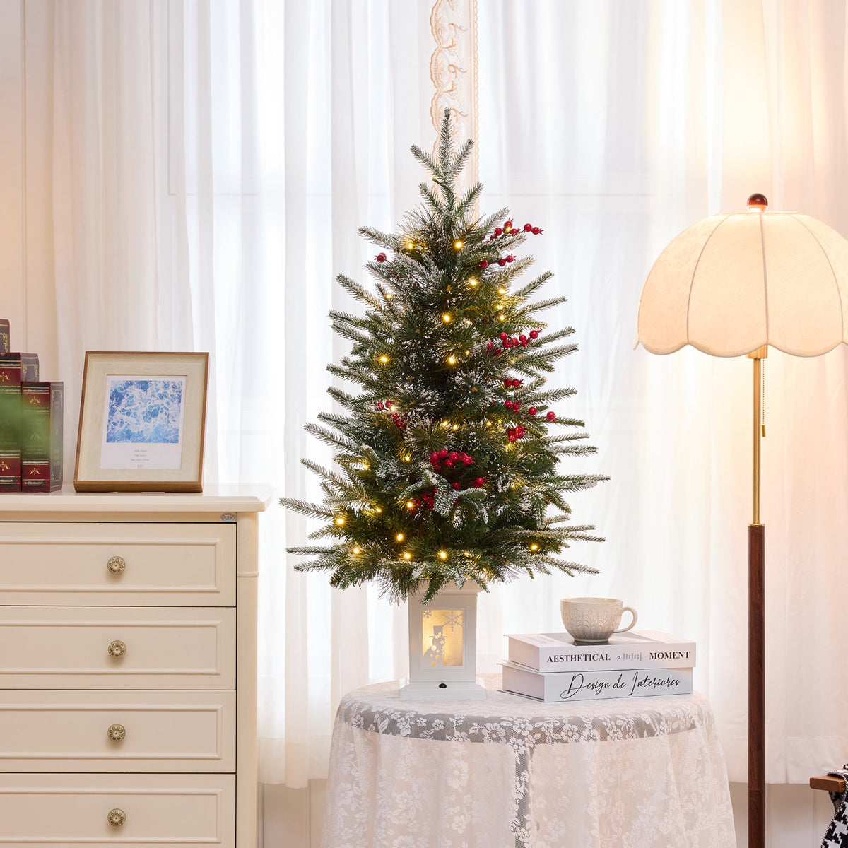DR.Planzen 3 FT Pre-Lit Flocked Christmas Tree, 78 Warm White LEDs, 8 Light Modes & Timer, Artificial Tree with Lighted White Pedestal Base