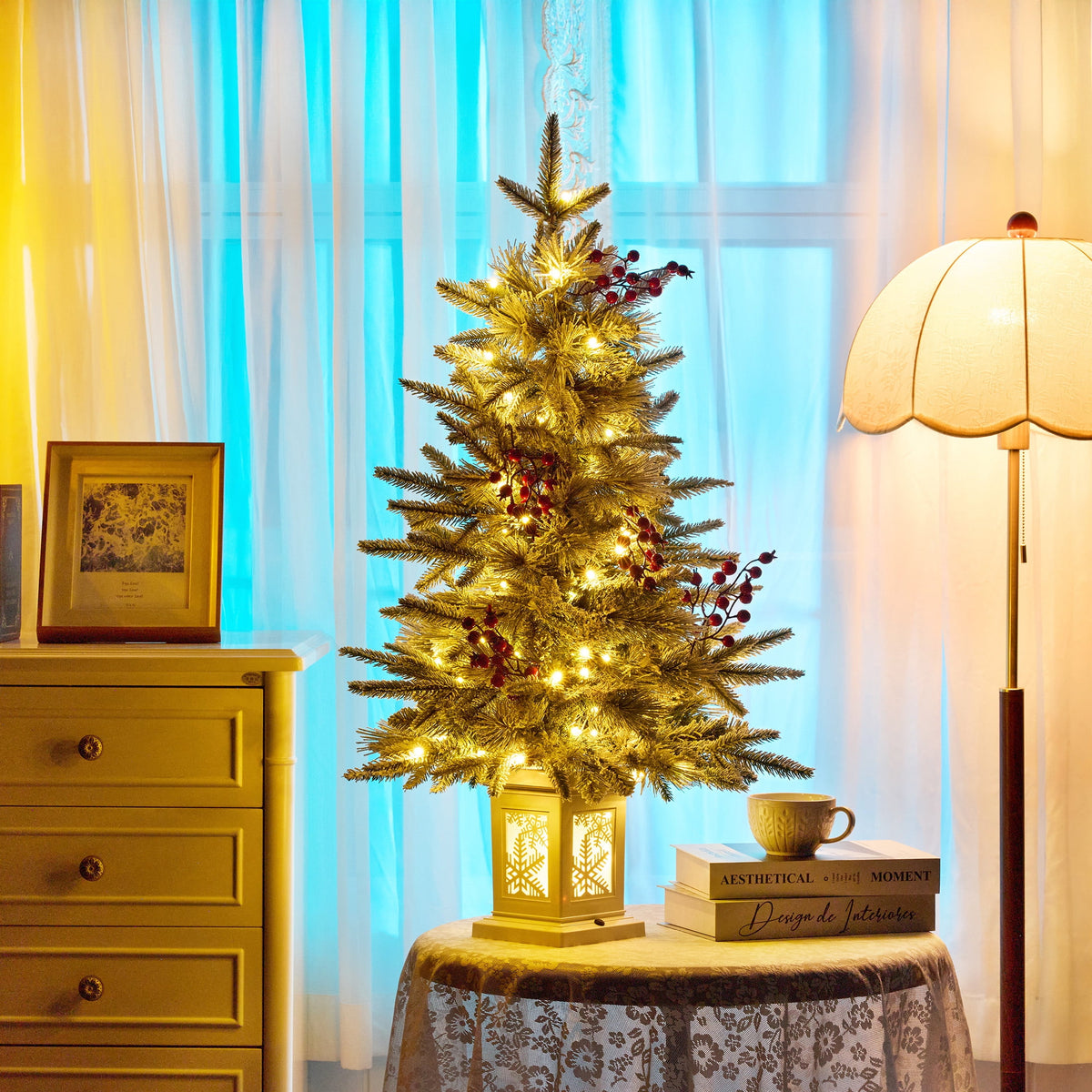 DR.Planzen 3FT Pre-Lit Artificial Christmas Tree with Warm White Lights, Red Berries and White Base, Indoor Holiday Decoration