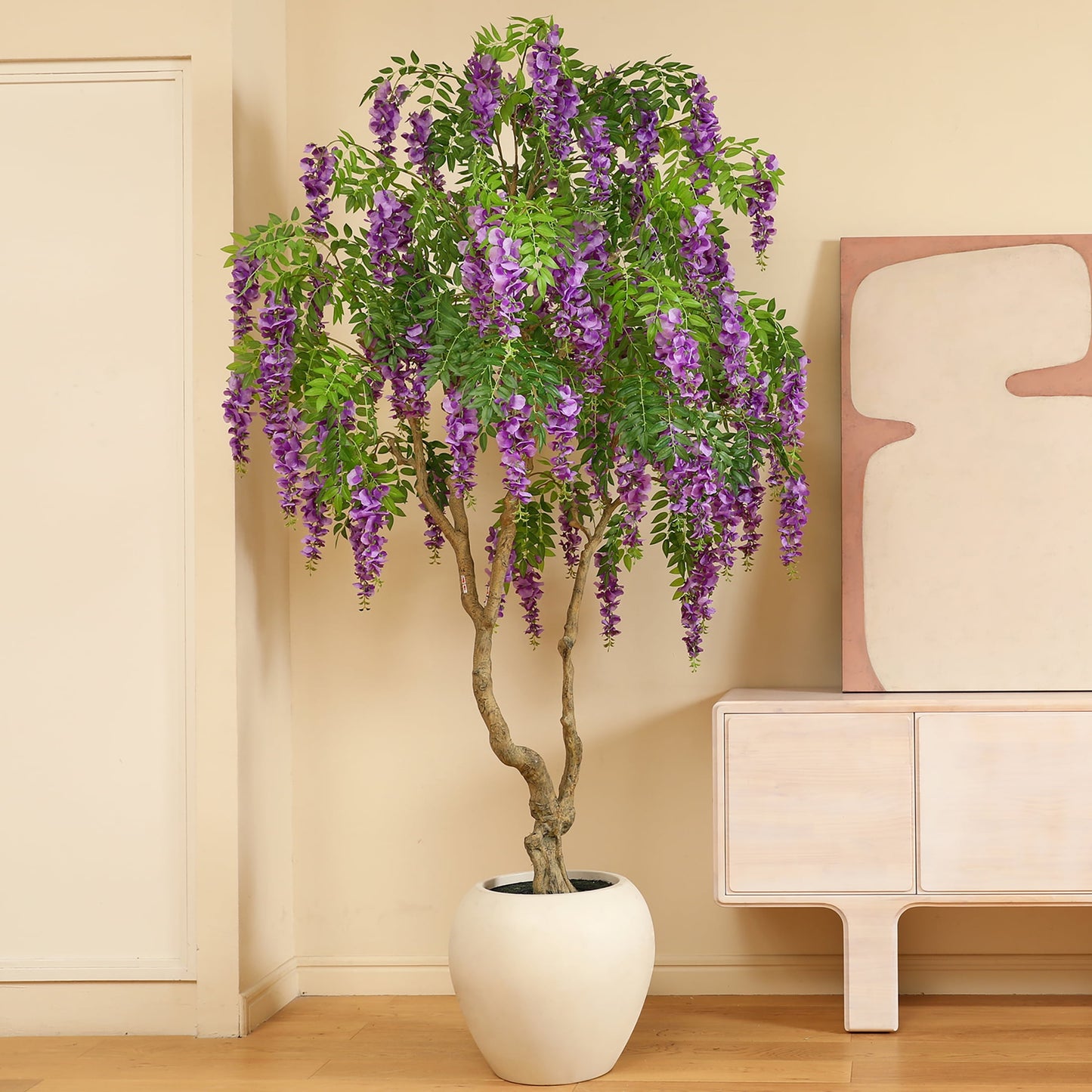 8ft Artificial Flower Tree with 18 inch White Planter, Tall Fake Matthiola incana Trees for Indoor, Faux Tree with Matthiola incana, Large Flower Plants for Home Decor