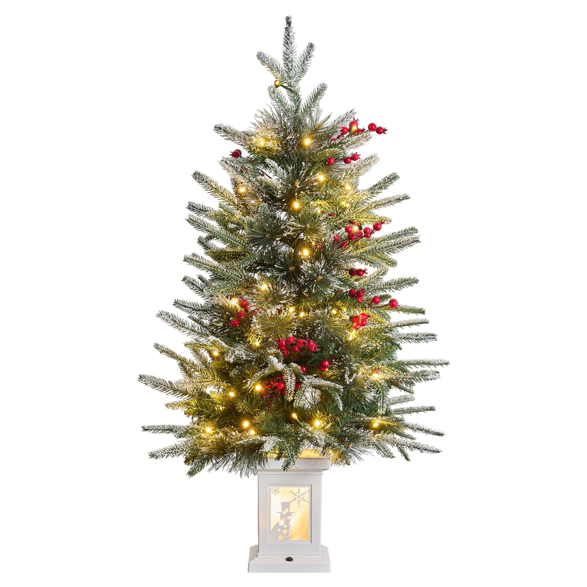 DR.Planzen 3 FT Pre-Lit Flocked Christmas Tree, 78 Warm White LEDs, 8 Light Modes & Timer, Artificial Tree with Lighted White Pedestal Base