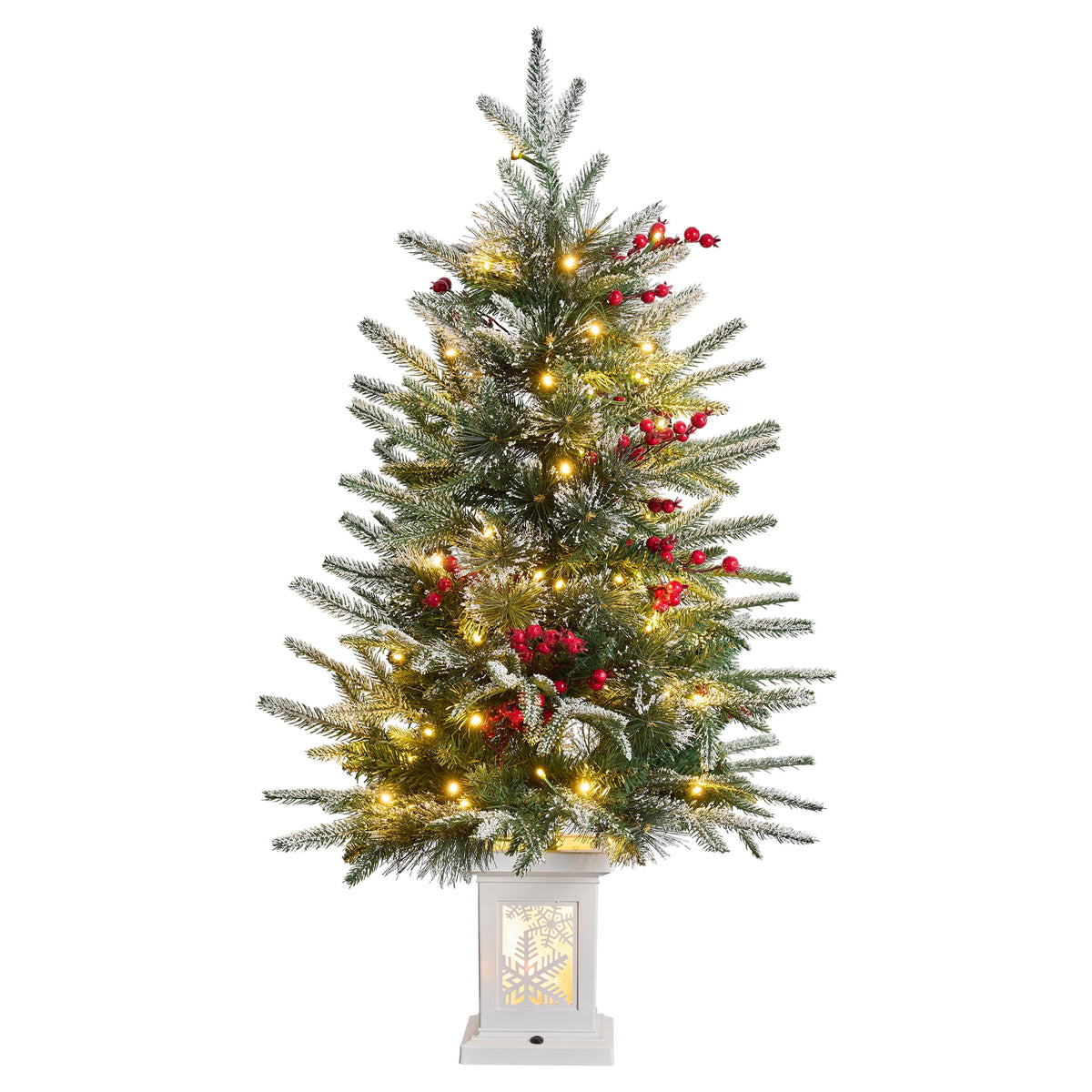 DR.Planzen 3 FT Pre-Lit Flocked Christmas Tree, 78 Warm White LEDs, 8 Light Modes & Timer, Artificial Tree with Lighted White Pedestal Base