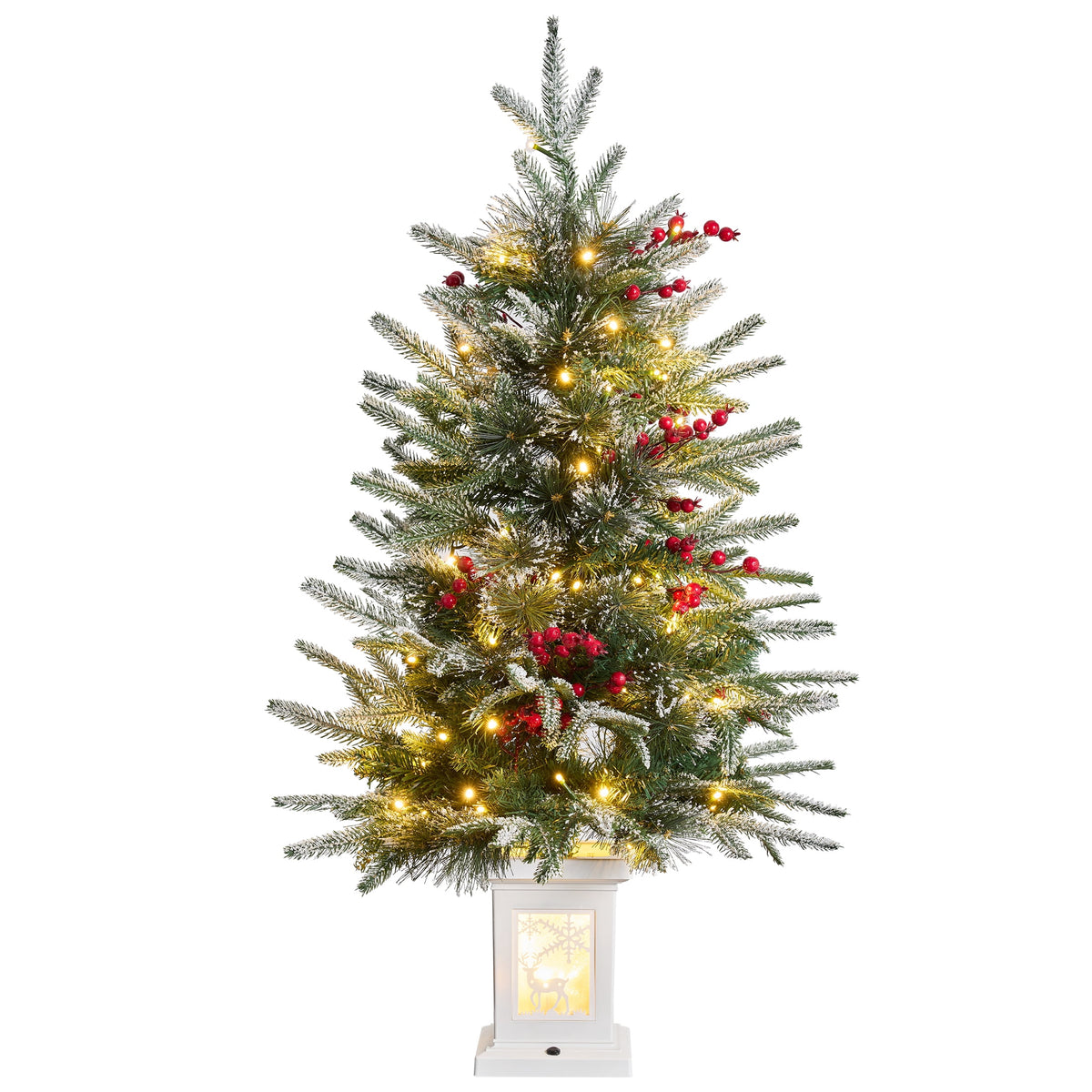 DR.Planzen 3 FT Pre-Lit Flocked Christmas Tree, 78 Warm White LEDs, 8 Light Modes & Timer, Artificial Tree with Lighted White Pedestal Base