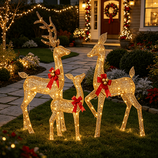 DR.Planzen Lighted Christmas Deer Family, 360 LED 4.5FT Gold Buck Doe Fawn Set, 3-Piece Lighted Reindeer Set, Christmas Yard Decorations for Lawn, Garden & Porch Outdoor