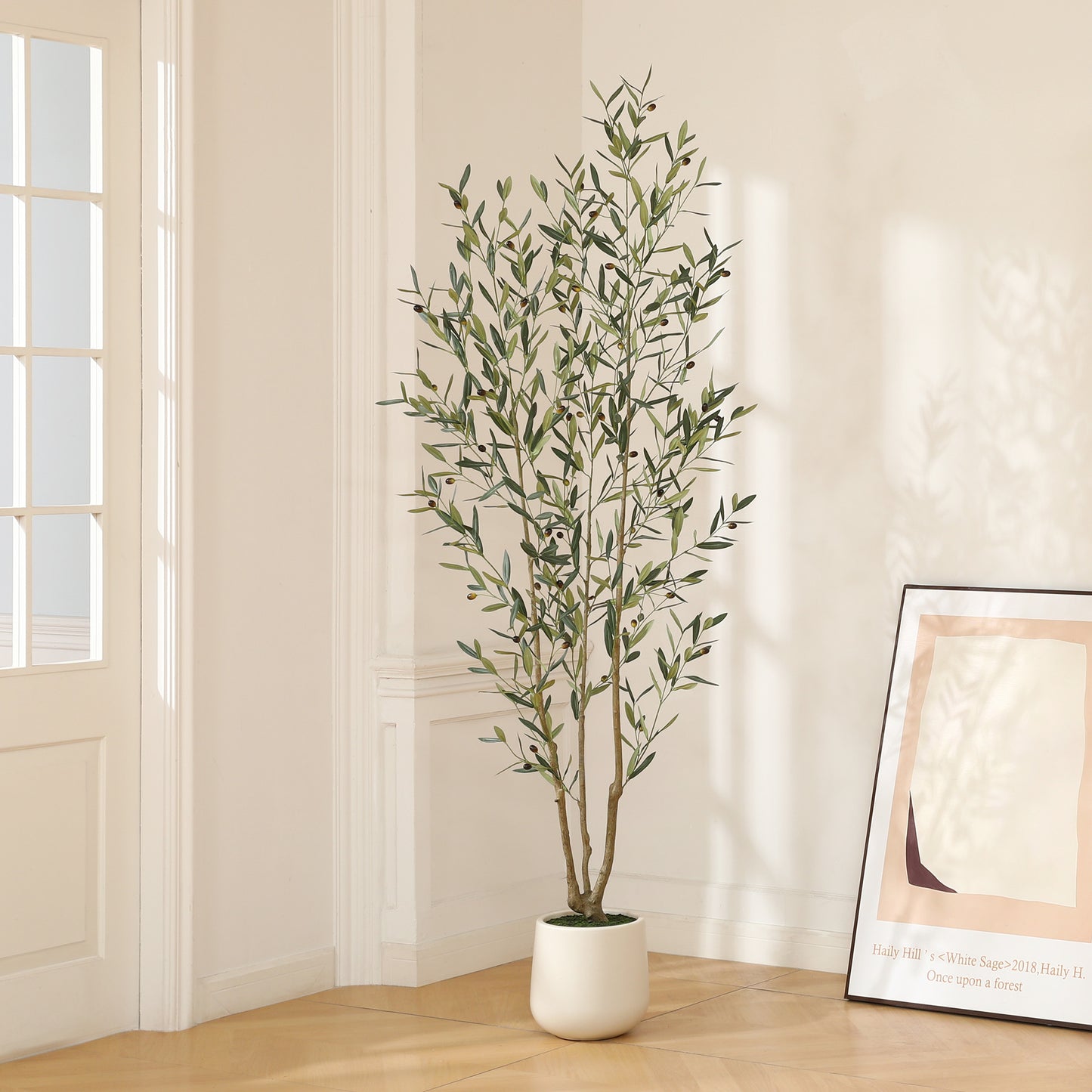 DR.Planzen 7FT Faux Olive Tree with Round White Planter, Pre Potted Fake Greenry Olive Tree for Home Decor