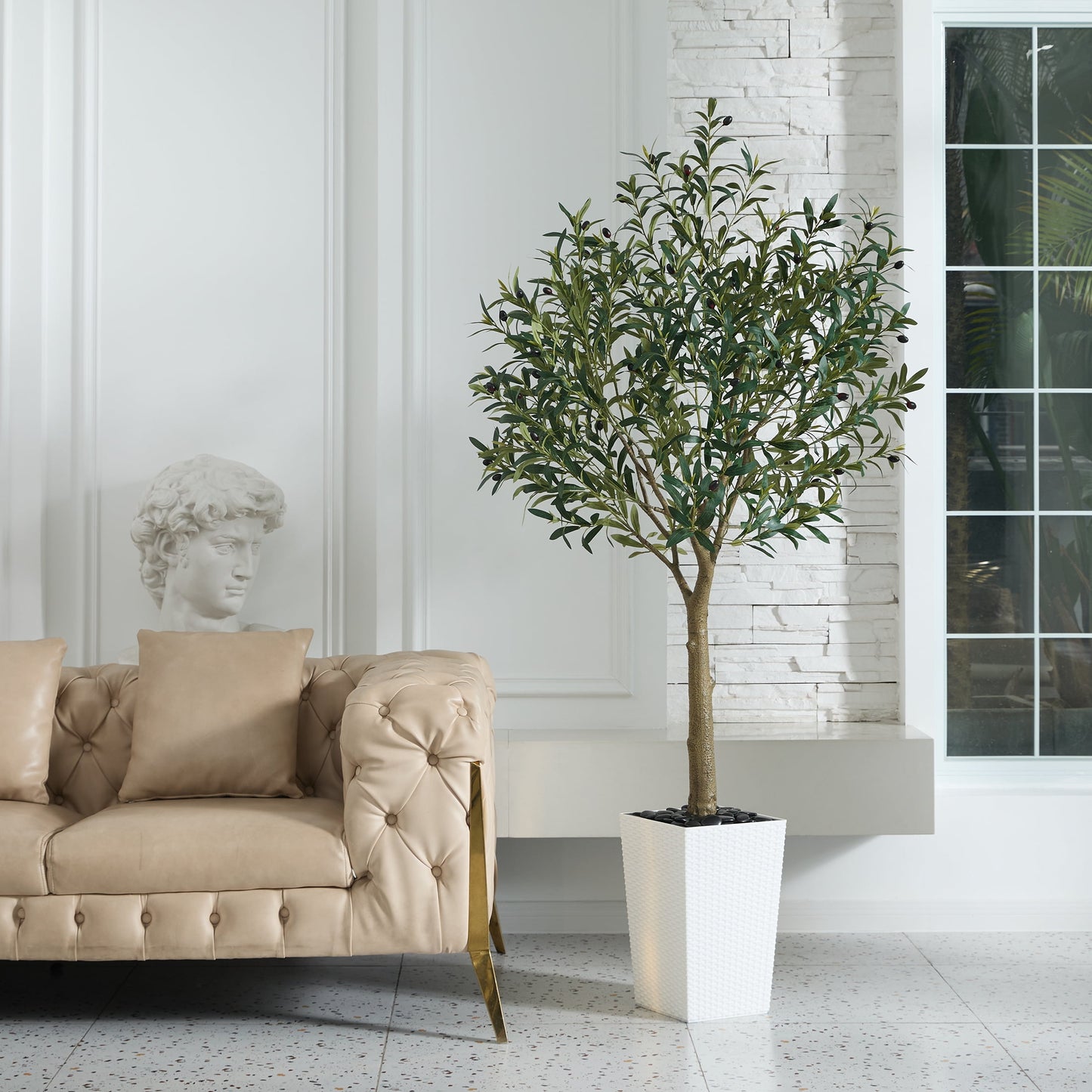 DR.Planzen UV Resistant 6ft Artificial Olive Tree in White Large Planter with Pebbles¨C Faux Olive Tree for Indoor and Outdoor Decor, Lifelike Greenery for Home & Garden Decor