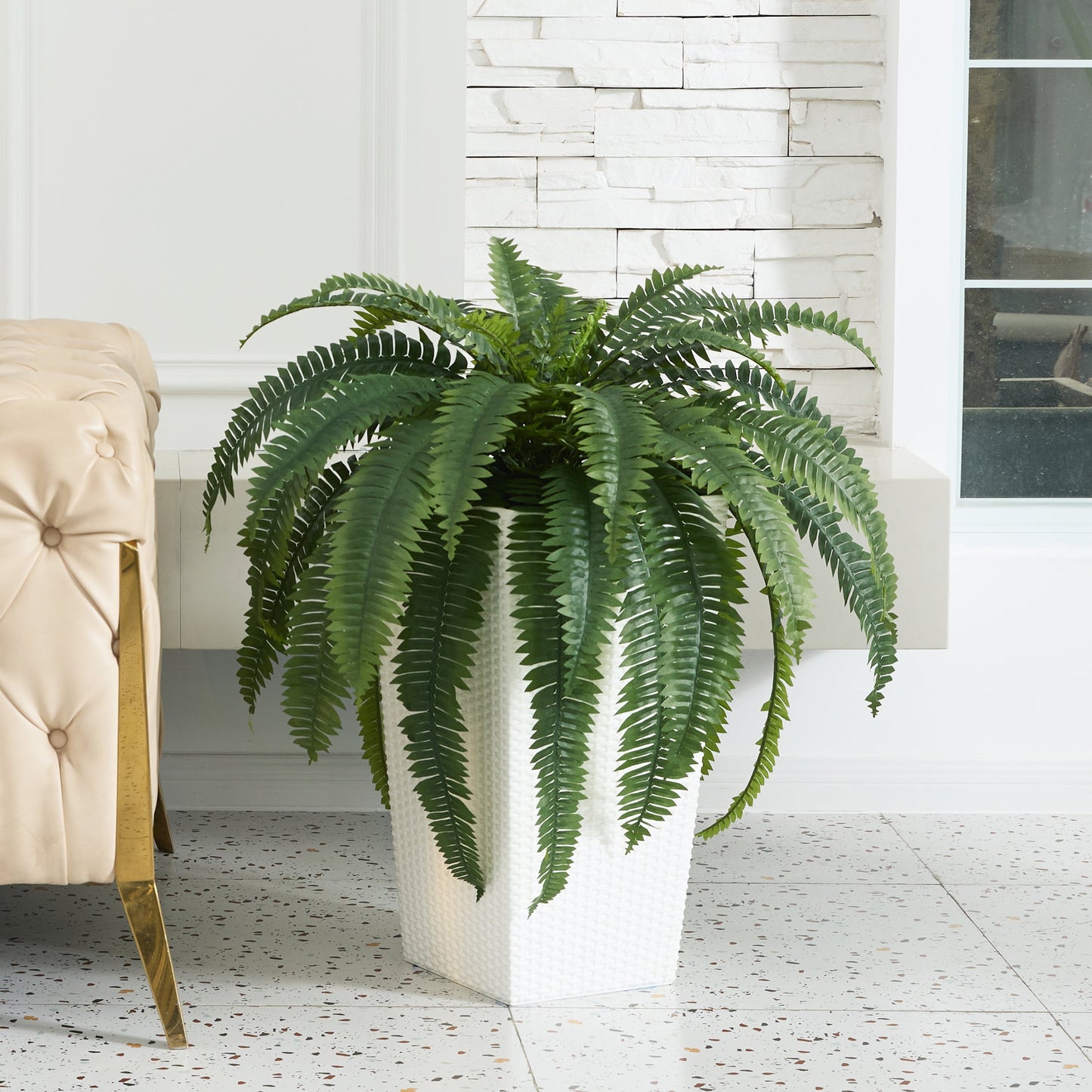 DR.Planzen Artificial Boston Fern Bush Plant with White Tapered Planter - UV Resistant Faux Ferns with 39 Leaves