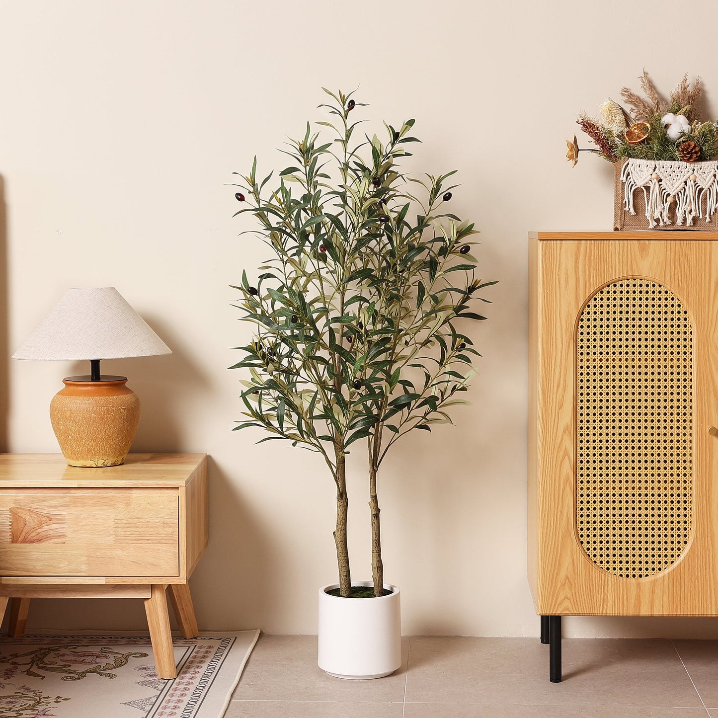 DR.Planzen 4.5ft Artificial Olive Tree with White Planter, Tall Faux Olive Tree, Artificial Plants with Lifelike Fruits for Home Office Decor