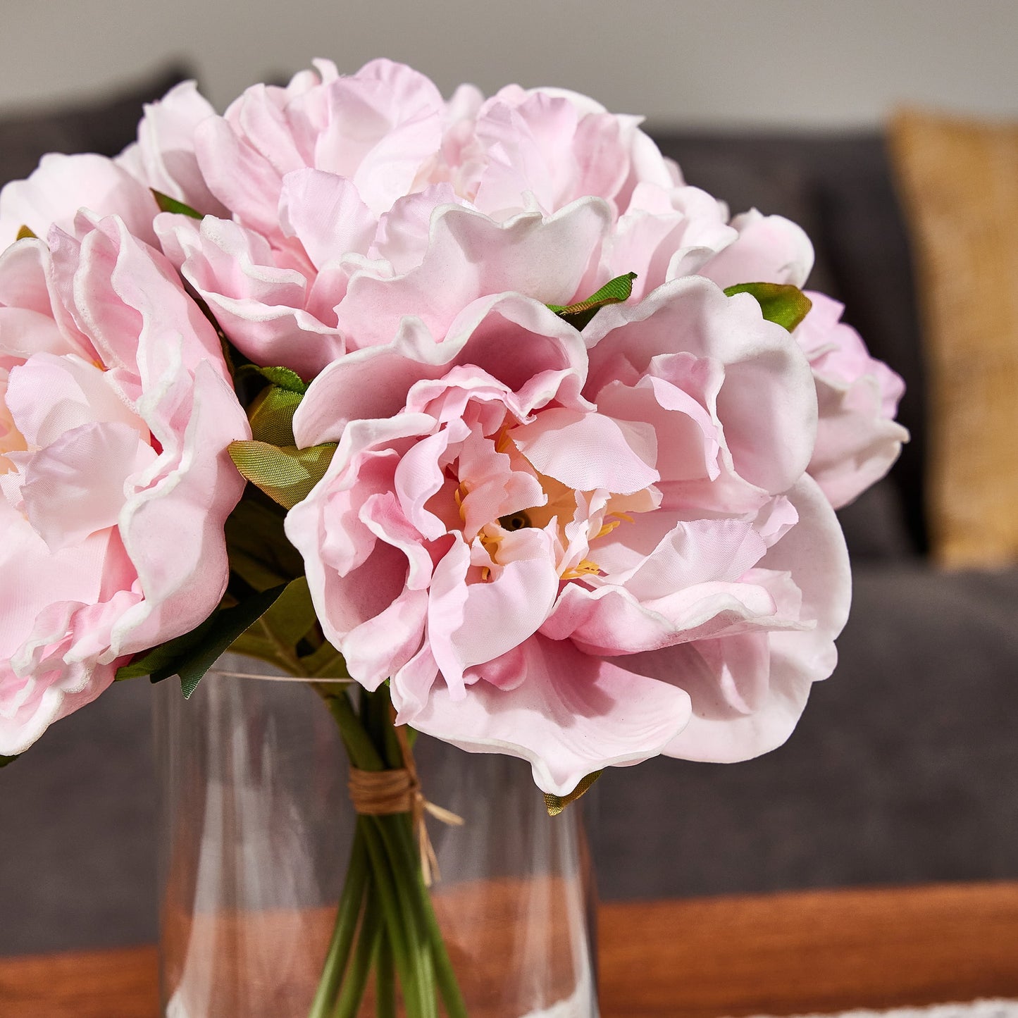DR.Planzen Artificial Pink Peony Bouquet in Cylinder Vase with Faux Water, 6 Stems with 6 Realistic White Peony Blooms, 10.6" Tall Ready-to-Use Home Office Centerpiece Decor