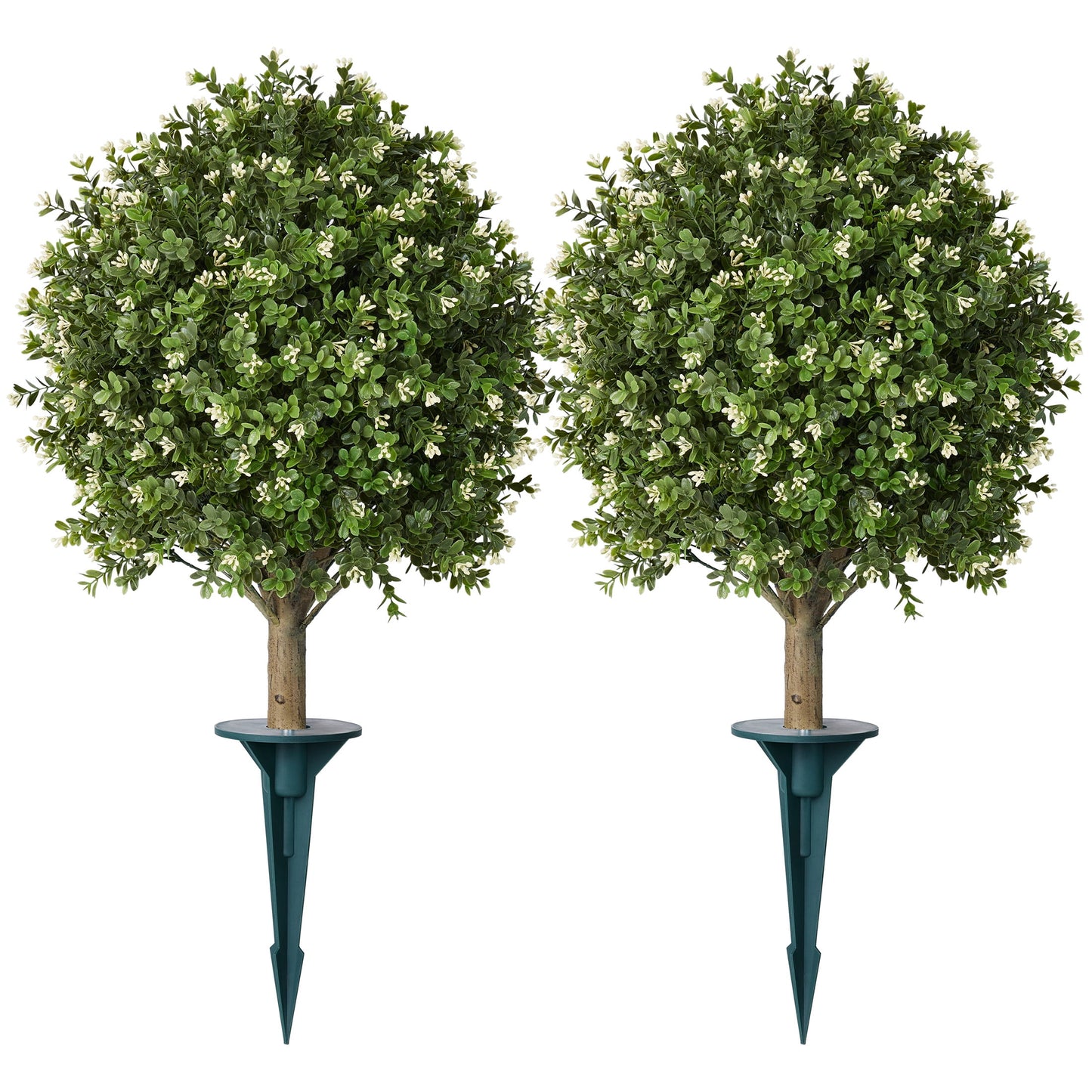 DR.Planzen 20'' Artificial Boxwood Topiary Ball Plant with White Flowers, Fake Flowering Shrub with Ground Spike, UV Resistant Faux Outdoor Greenery for Garden Porch Decor