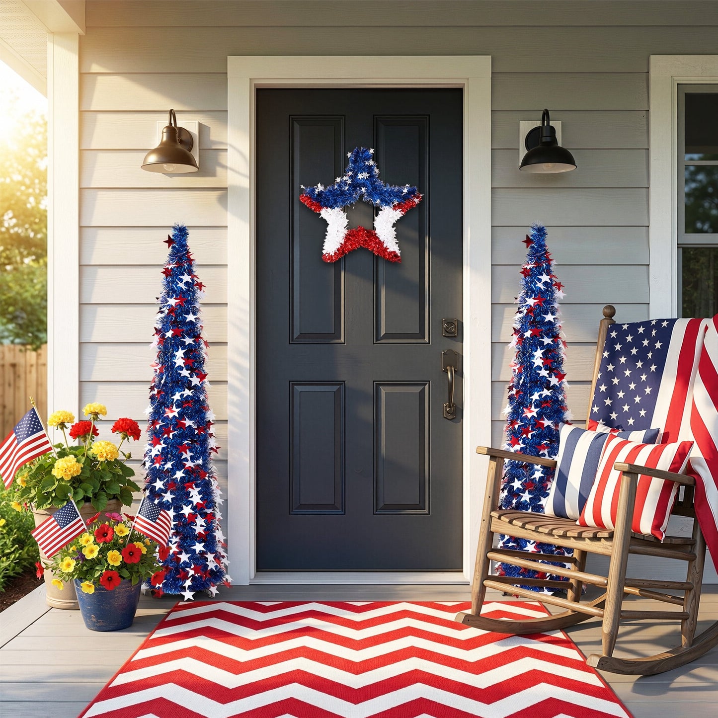 DR.Planzen 4th of July 5FT Patriotic Star Spangled Tree, Red White Star Decorative Pop up Tree for 4th of July, Independence Day Indoor Outdoor Decor