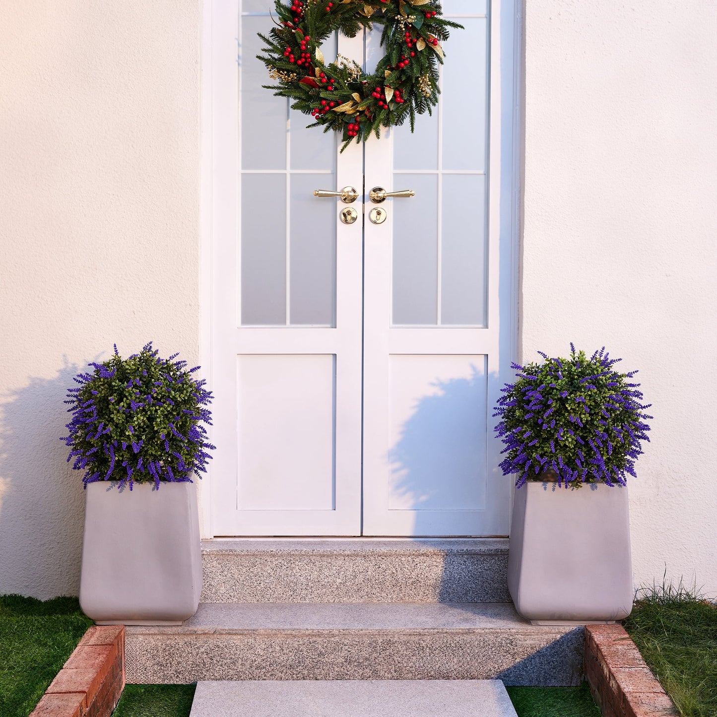 DR.Planzen 16'' Artificial Lavender Boxwood Topiary Ball Plant, Fake Scented Flowering Shrub with Ground Spike, UV Resistant Faux Outdoor Decor for Garden Porch Patio