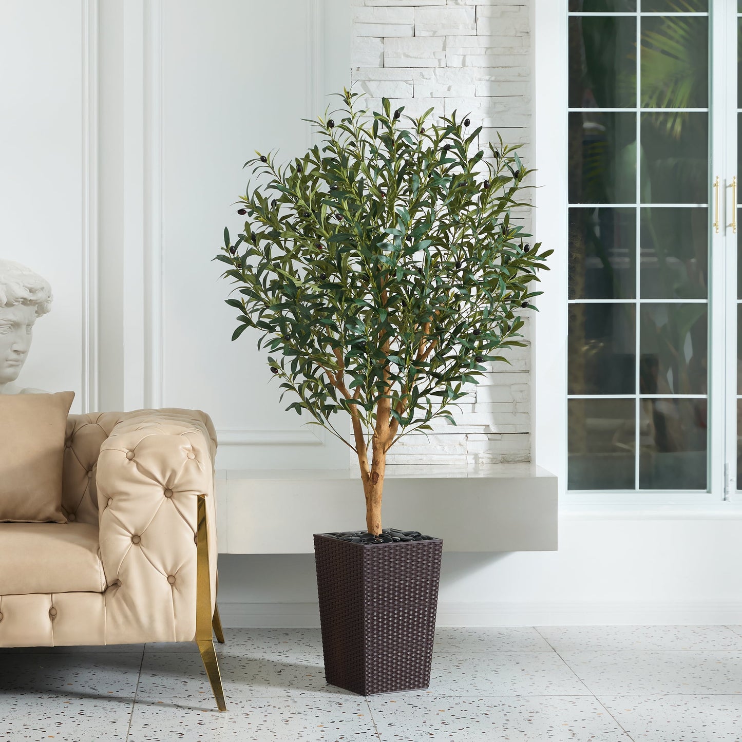 DR.Planzen UV Resistant 5ft Artificial Olive Tree with Natural Wood Branches and Realistic Silk Leaves,Faux Olive Tree for Indoor and Outdoor Decor - Brown Large Planter with Pebbles