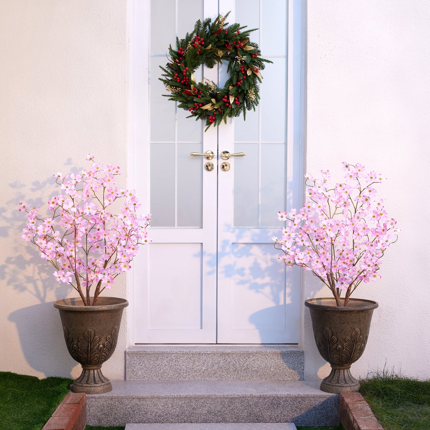 DR.Planzen 2 Pack 3ft Pink Artificial Dogwood Tree, Lifelike Faux Dogwood Flower Tree with Green Leaves for Home Decor Indoor Outdoor, Spring Decoration for Living Room Office