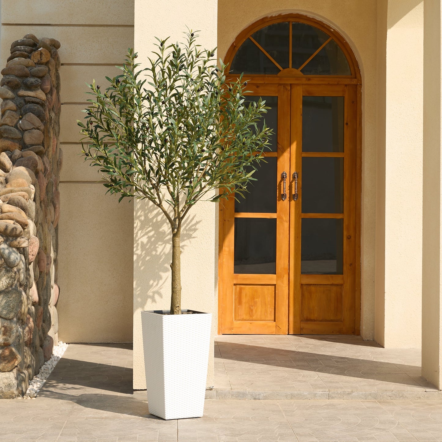 DR.Planzen UV Resistant 7ft Artificial Olive Tree in White Large Planter with Pebbles¨C Faux Olive Tree for Indoor and Outdoor Decor, Lifelike Greenery for Home & Garden Decor
