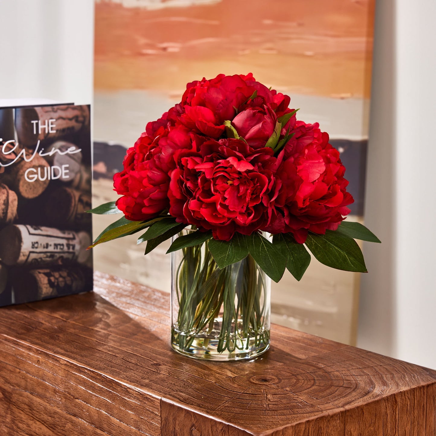 12in Artificial Peonies with Vase Fake Peony Flowers Red Artificial Flower Arrangement ¨C 9 Bloom Realistic Faux Peonies in Glass Vase with Faux Water for Table Centerpiece Wedding Home Office Decor