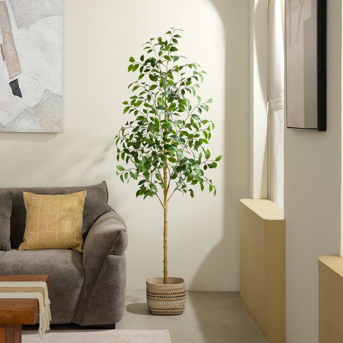 DR.Planzen 6ft Artificial Ficus Tree in Black Pot, Tall Plant with Lush Foliage, Large Indoor Floor Plant for Living Room & Office