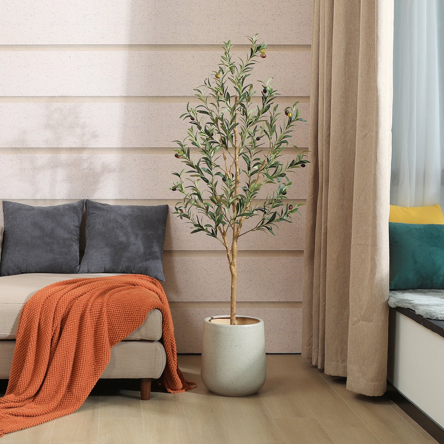 DR.Planzen 2 Pack 5ft Artificial Olive Tree Indoor, Tall Faux Olive Tree, Artificial Plants with Natural Wood Trunk and Lifelike Fruits for Home Office Decor