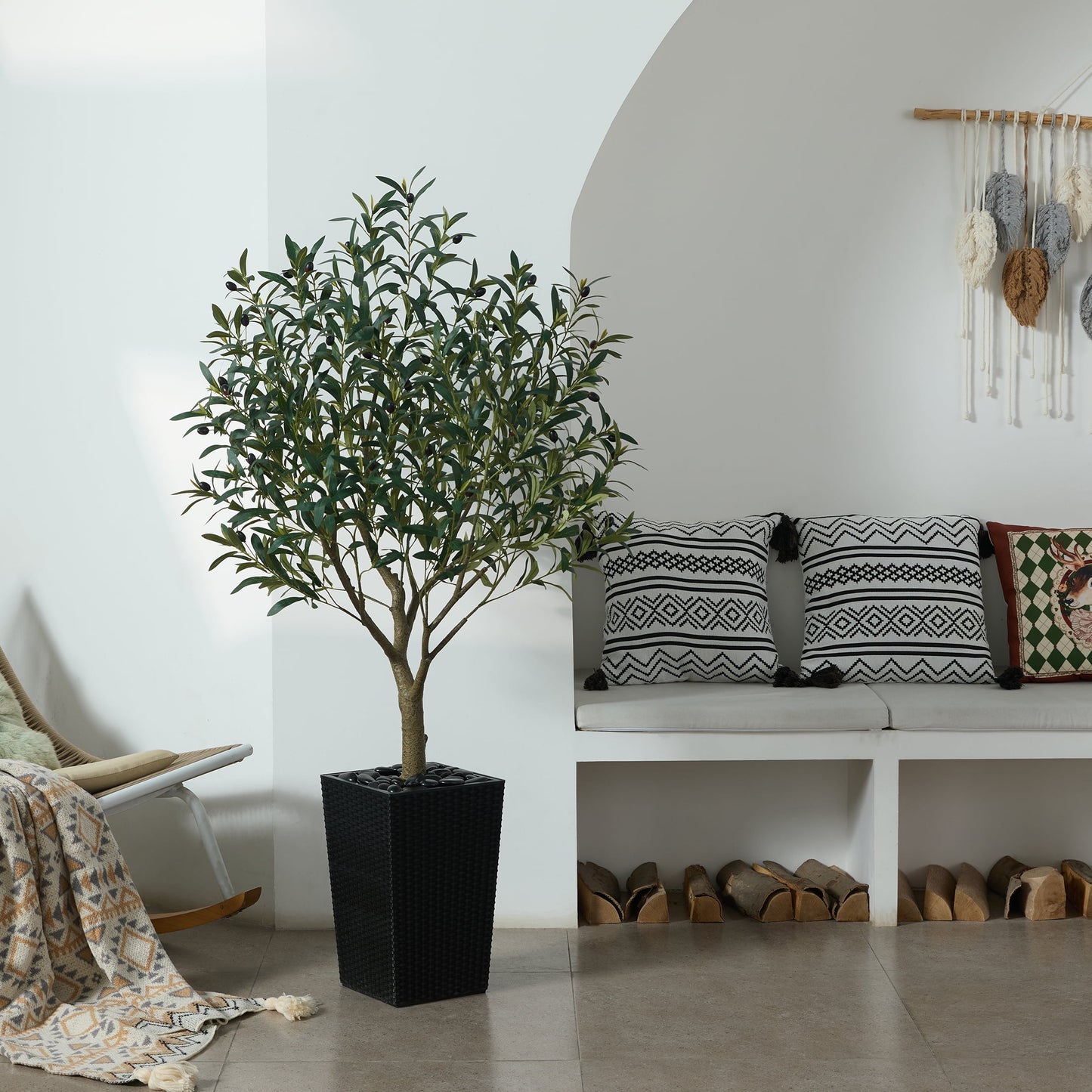 DR.Planzen UV Resistant 5ft Artificial Olive Tree in Black Large Planter with Pebbles¨C Faux Olive Tree for Indoor and Outdoor Decor, Lifelike Greenery for Home & Garden Decor