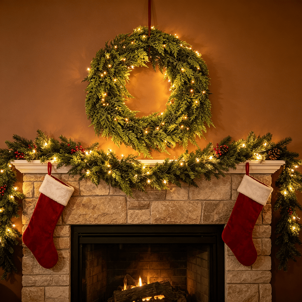 DR.Planzen 6FT Artificial Norfolk Pine Garland with LED Lights, 600 PE Tips Prelit Christmas Garland, Lighted Artificial Pine Garland - 50 Warm White LEDs for Mantel Fireplace Table