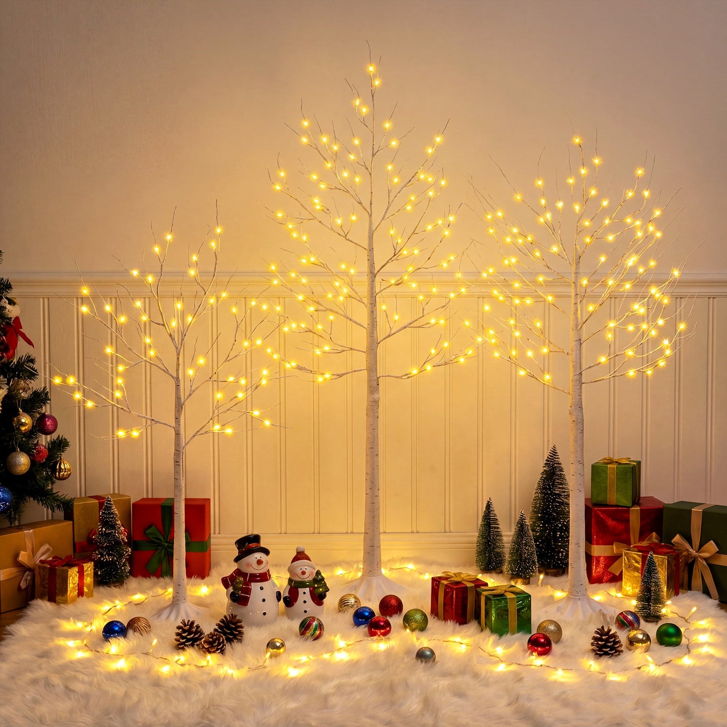LED Birch Tree Light Set - 4ft, 5ft, 6ft Artificial Pre-lit Trees - with Plug-in Warm Lights - Indoor Outdoor Christmas Holiday Wedding Decor for Home Party (3-Pack)