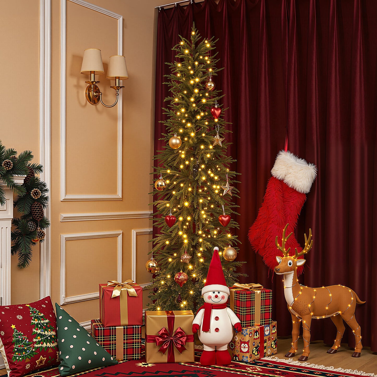 DR.Planzen 7' Pre-Lit Green Cypress Artificial Christmas Tree with 260 Warm White LED Lights, Full-Bodied Xmas Tree with Metal Stand, Large Indoor Holiday Centerpiece