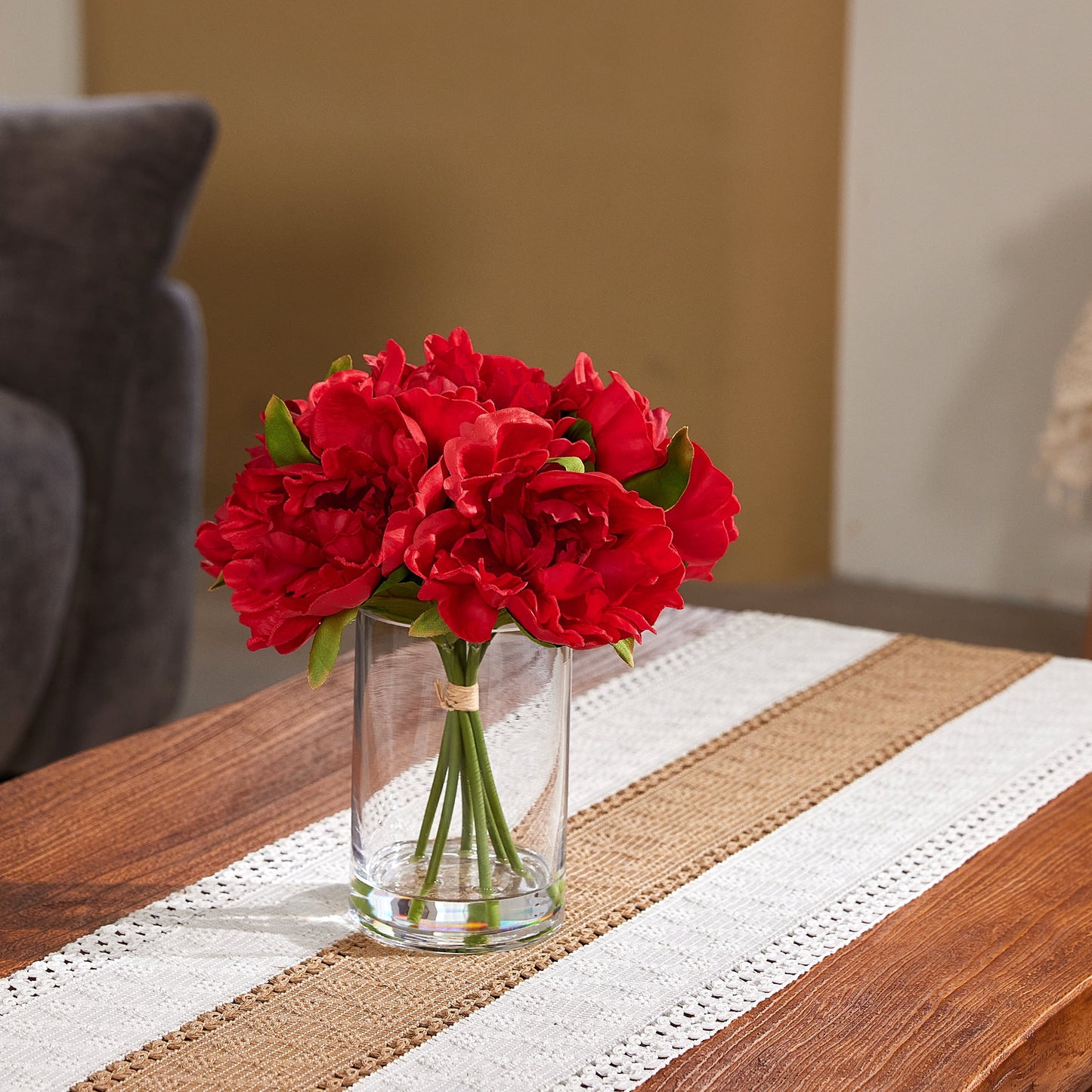DR.Planzen Artificial Red Peony Bouquet in Cylinder Vase with Faux Water, 6 Stems with 6 Realistic White Peony Blooms, 10.6" Tall Ready-to-Use Home Office Centerpiece Decor